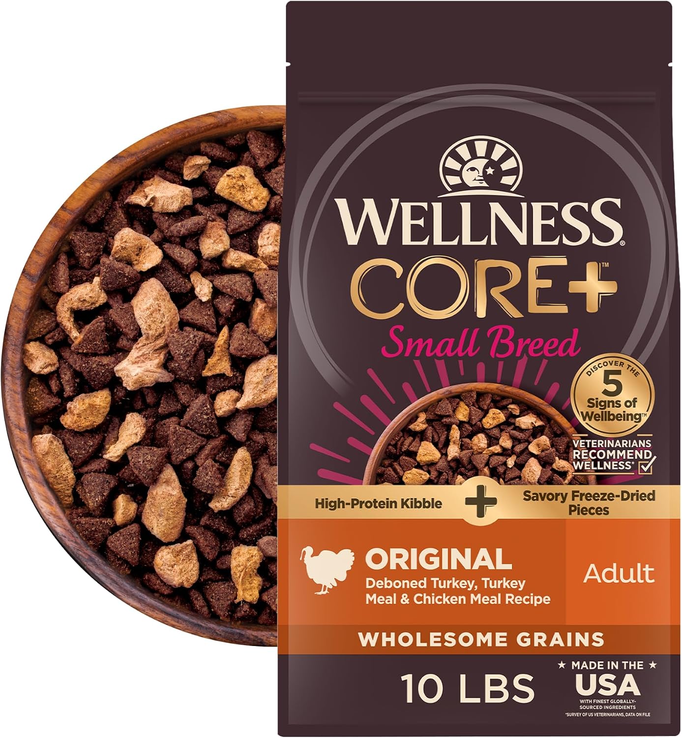 Wellness CORE+ Small Breed Adult Dry Dog Food with Freeze Dried Pieces, Wholesome Grain Kibble+, Natural, High Protein, Turkey and Chicken Recipe, 4 lb Bag