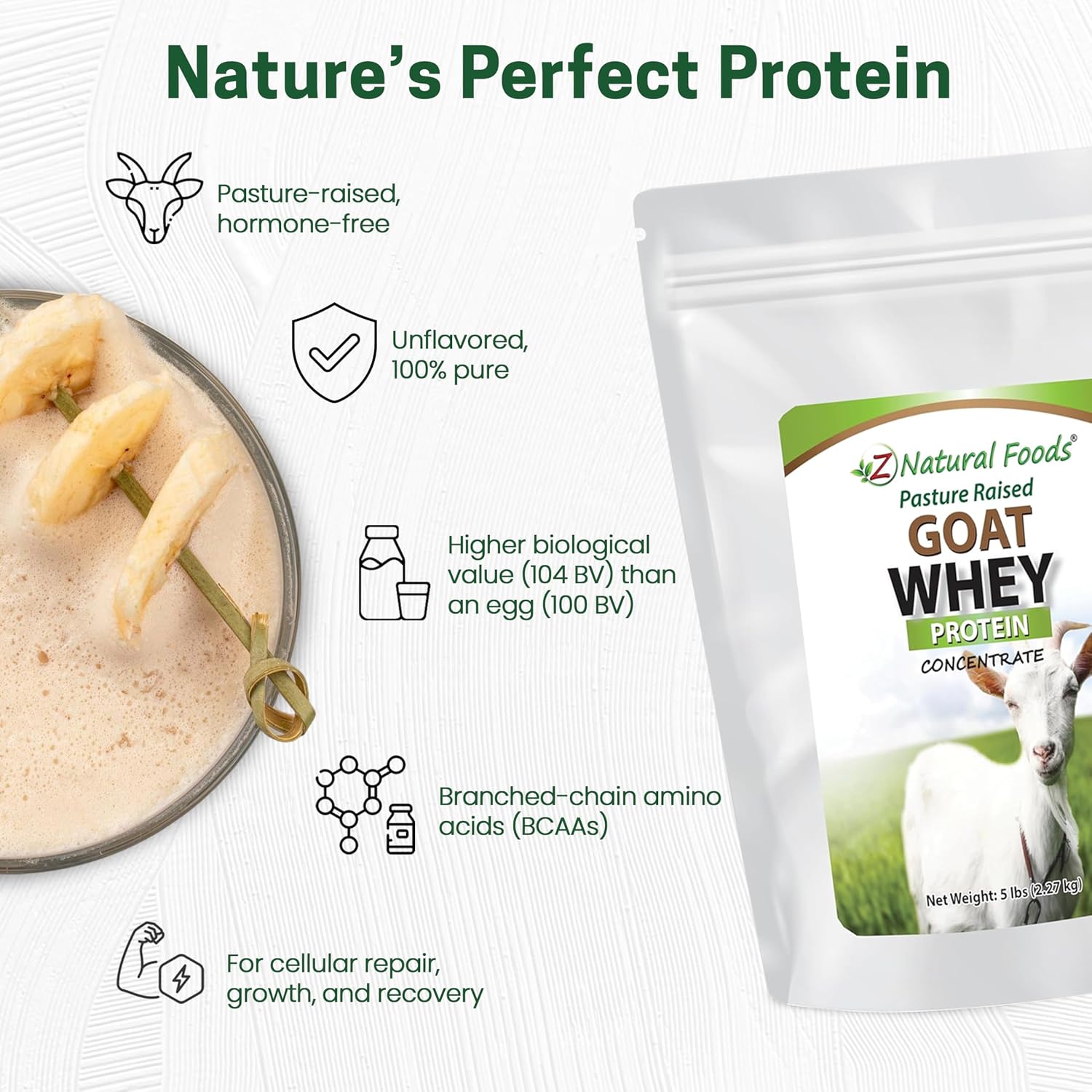 Z Natural Foods Goat Whey Protein Powder Concentrate - Pasture Raised, 1 lb