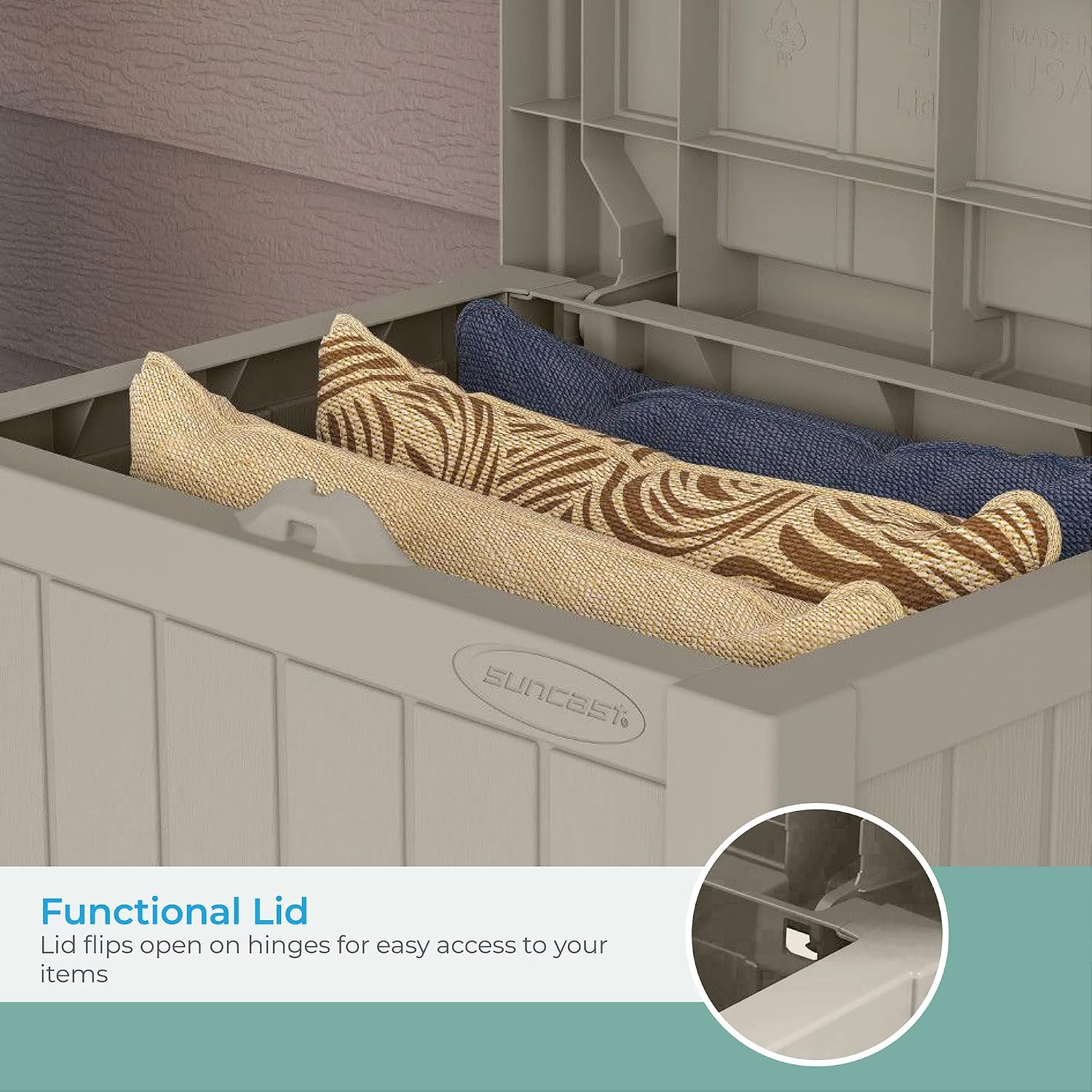 Suncast Outdoor Storage Box - 22 Gallon Light Taupe Resin Outdoor Deck Box with Seat, Weatherproof Patio Storage Bin Container for Keeping Cushions