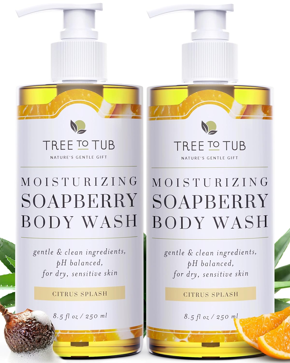 Tree To Tub Soapberry Body Wash for Dry, Sensitive Skin, pH 5.5, 8.5 Fl Oz | Sulfate & Paraben-Free, Rich Lather, Fragrance-Free, Shea Butter & Aloe Vera, Vegan & Cruelty-Free, Gentle for Daily Use