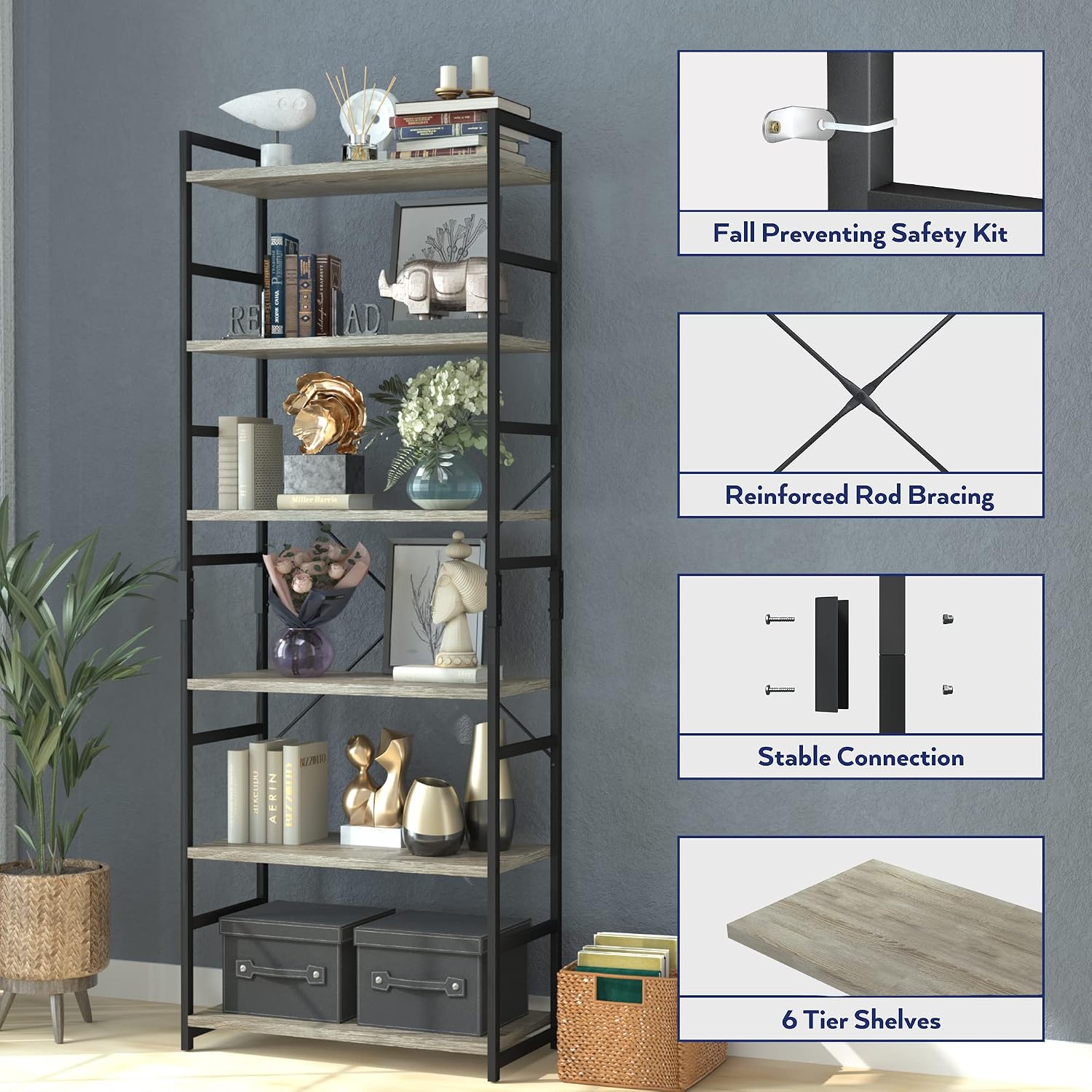 NUMENN 5 Tier Bookshelf, Tall Freestanding Open Storage Bookcase, Vintage