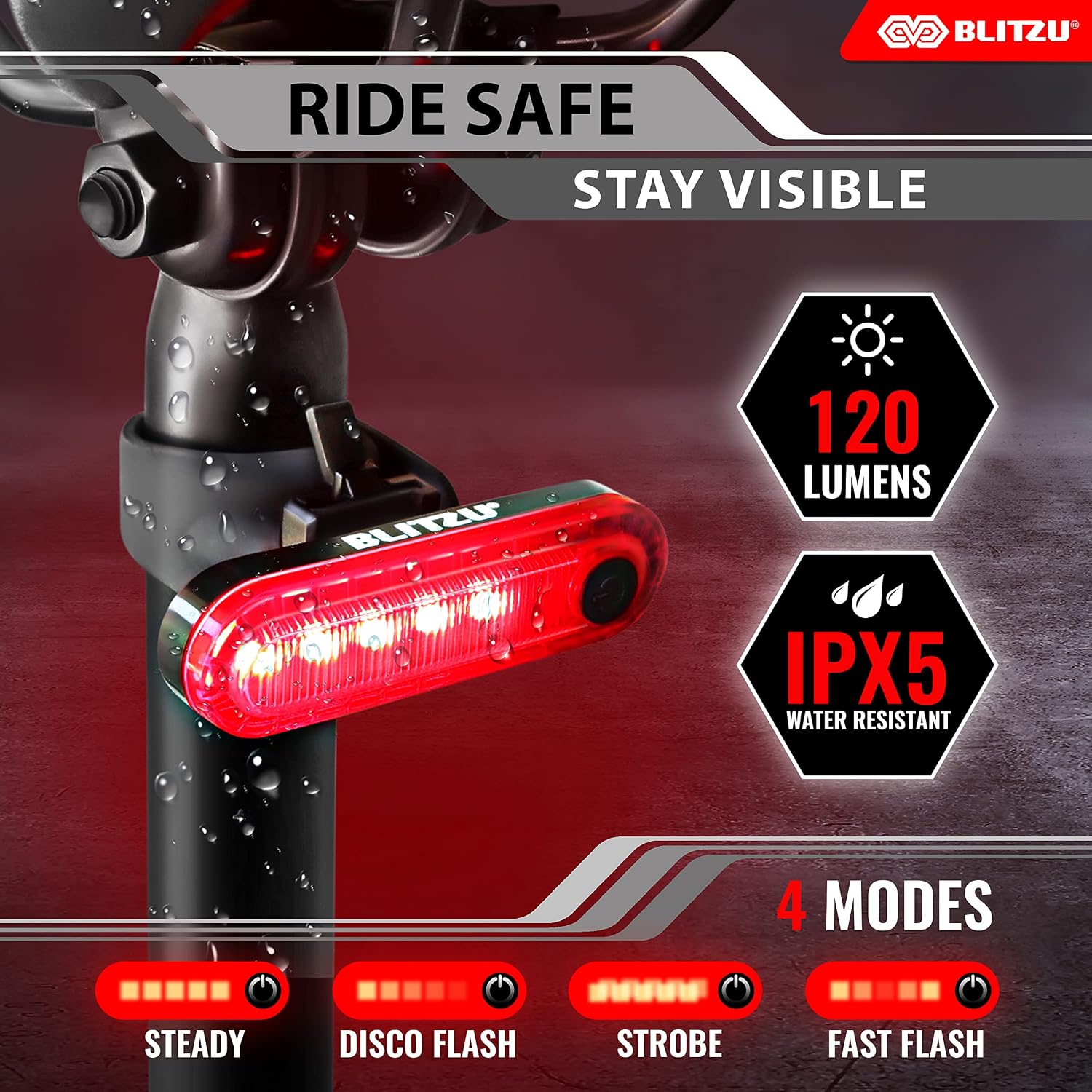 BLITZU Bike Tail Light, 2 Pack USB-C Rechargeable LED Bicycle Rear Lights | 120T, Bright LED, High Visibility Beam, 4 Modes, Easy Installation