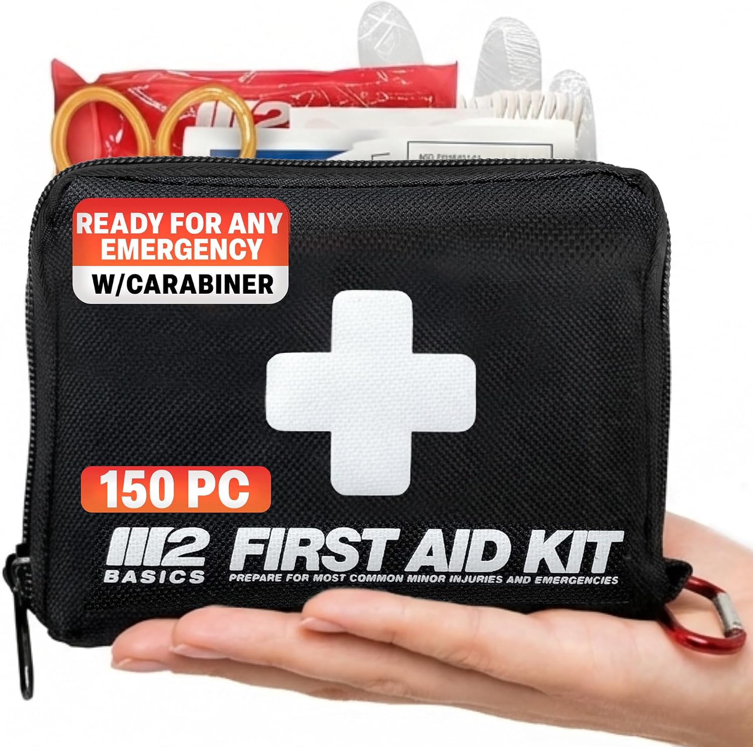 M2 BASICS 150 Piece Premium First Aid Kit, Compact Bag for Purse & Travel | On-The-Go Emergency Use, Backpack, Glove Box, Luggage, Carry-On, School