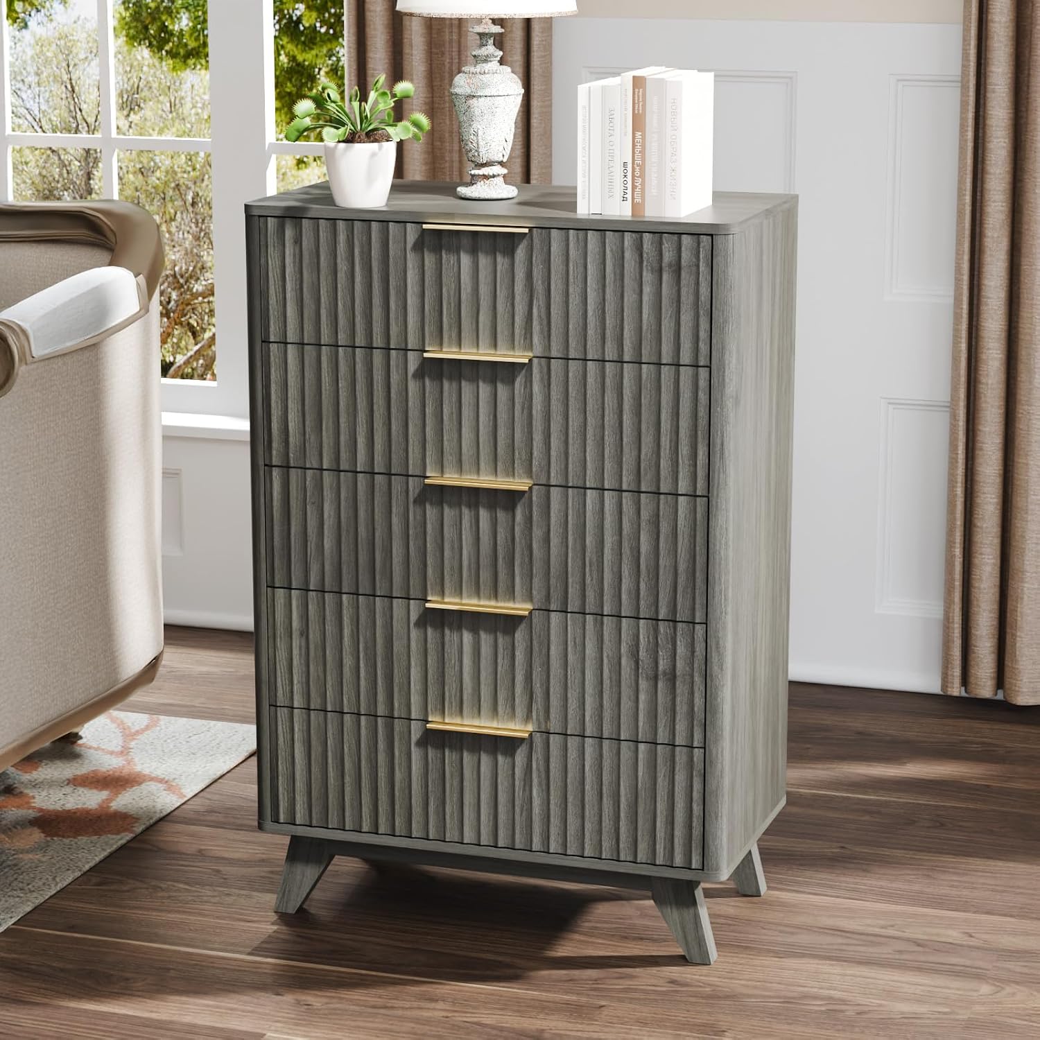 VINGLI Fluted Tall Dresser 5 Drawer, 23.66" W Chest of Drawers Gray Wood Dresser with Rounded Edges, Grey Dressers for Bedroom