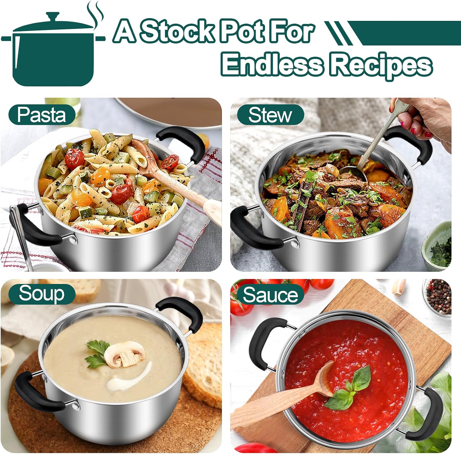 TeamFar 4 Quart Stock Pot, Stainless Steel Stock Pasta Soup Pot with Lid