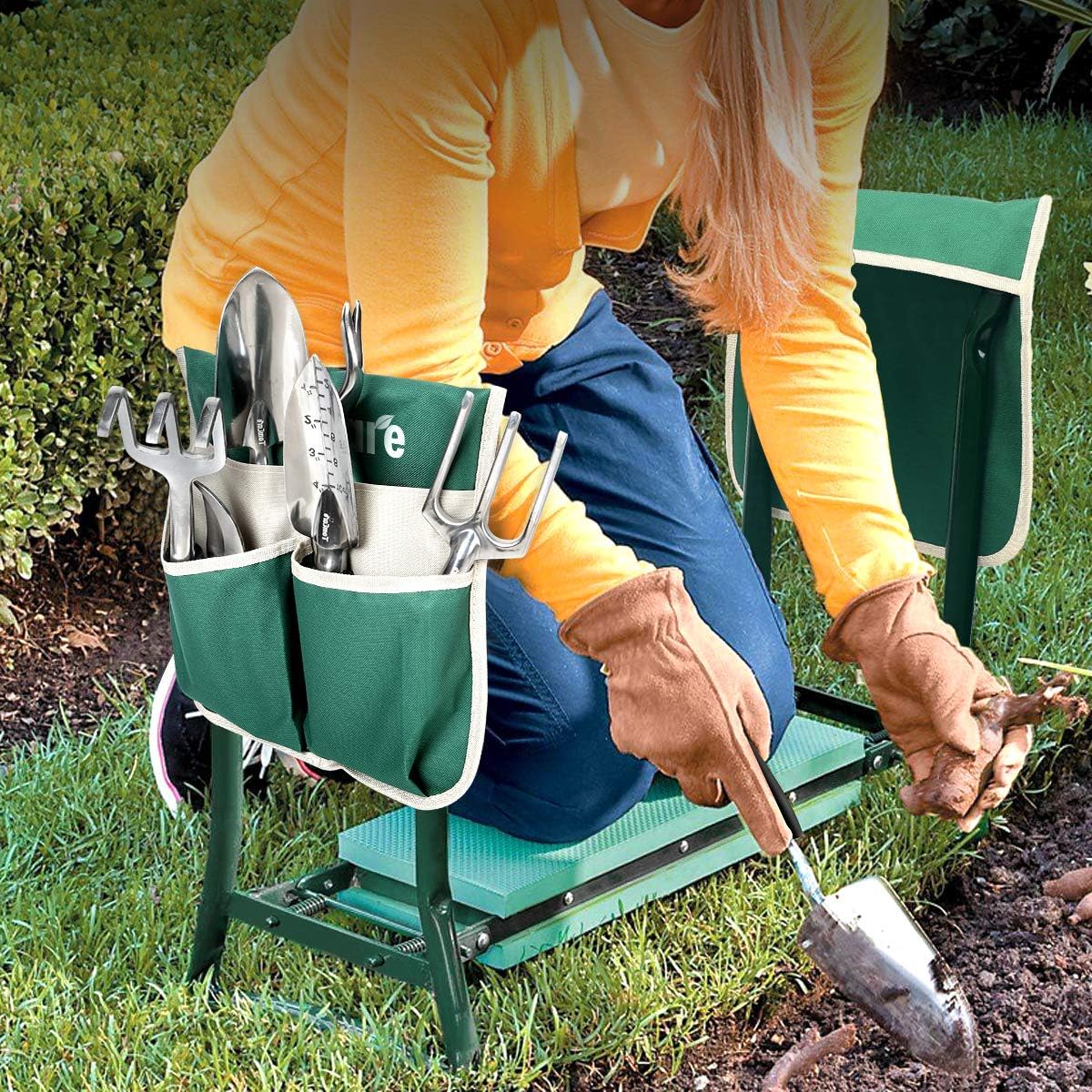 TomCare Garden Kneeler and Seat, 11.12" Kneeling Pad Sturdy Garden Bench | Heavy Duty Garden Stool, 450 lbs Load Capacity, 2 Tool Pouches, Foldable Design, Gardening Gift for Women, Men and Gardeners