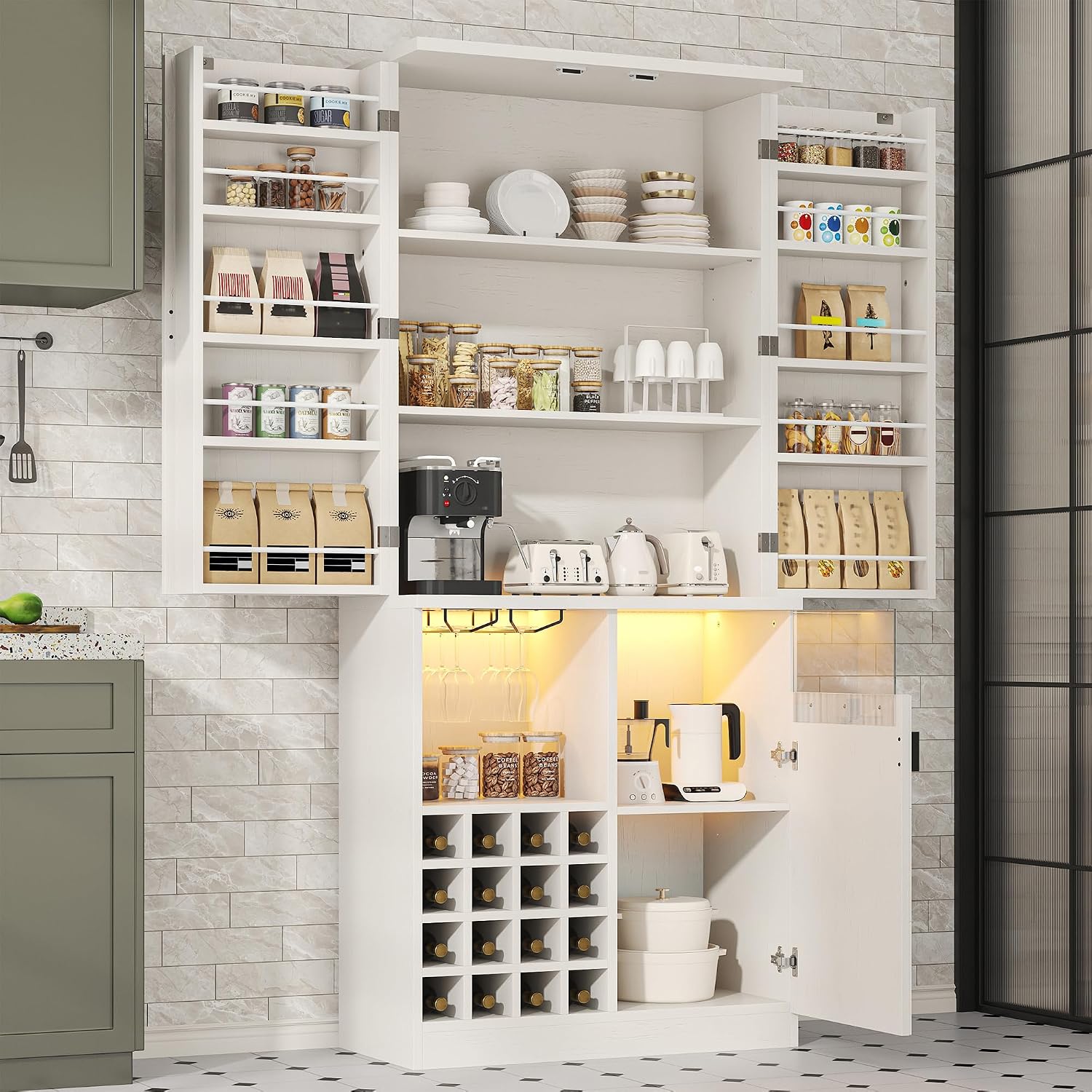 kepptory 47” Pantry Cabinet, Kitchen Pantry Storage Cabinet with Doors and Adjustable Shelves,Freestanding Buffet Cupboards Sideboard for Living Room and Dinning Room (White)