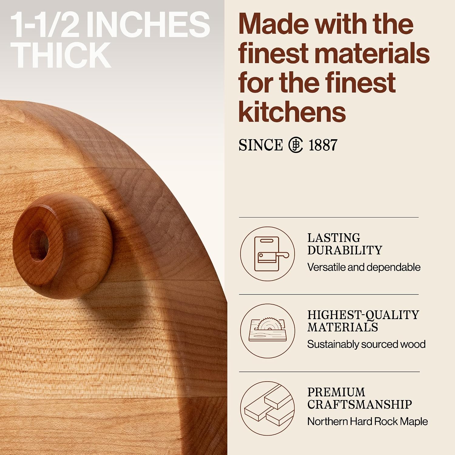 John Boos B Series Round Wooden Maple Cutting Board 12”x12” – 1.5” Thick, 12-lb Non-Reversible Butcher Block with Wood Bun Feet & Edge-Grain