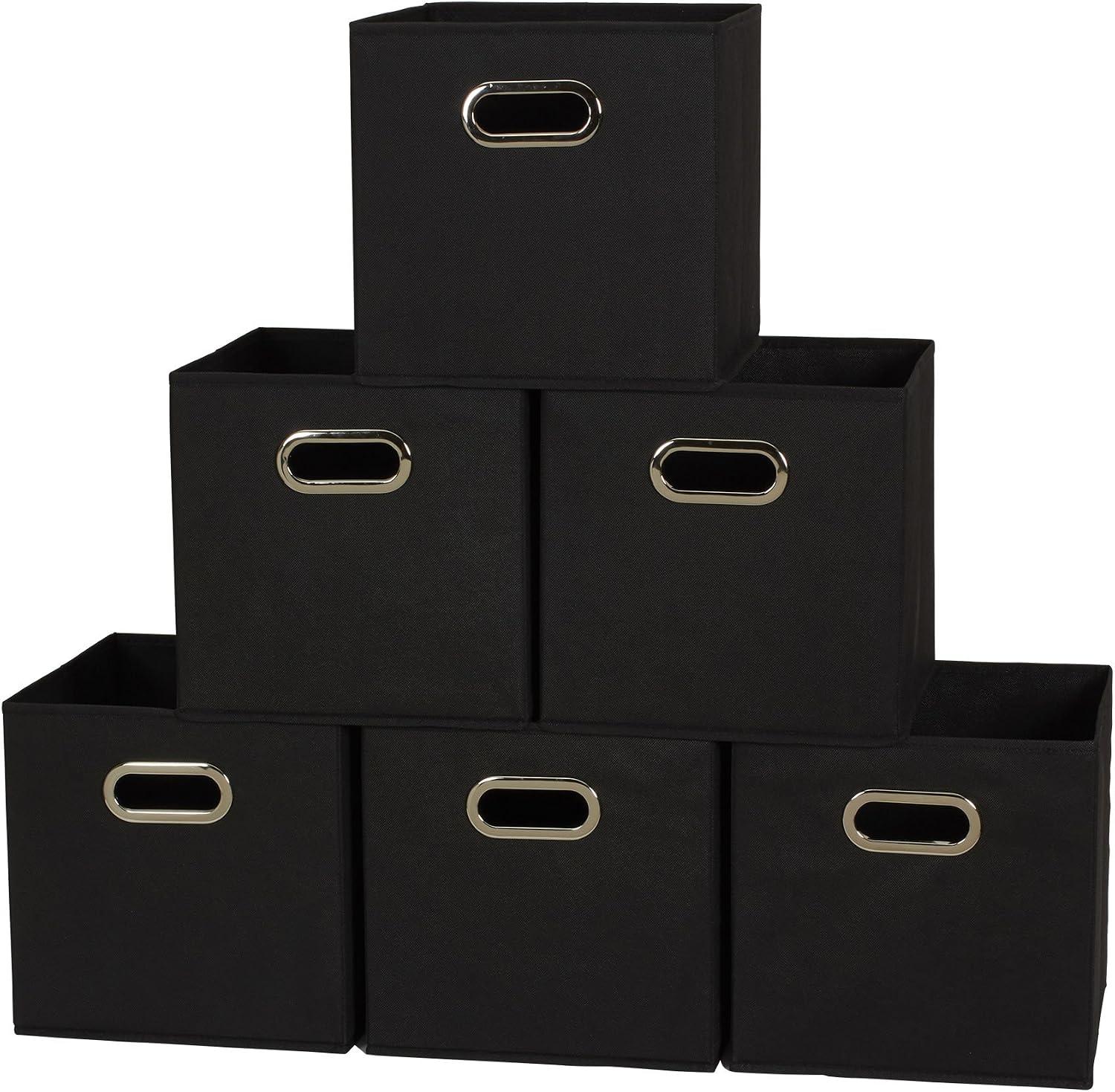 Household Essentials Fabric Storage Bins 6 Piece Set, Strong Poly-Woven Fabric, Sturdy Chipboard Sides, Grommet Front Handle, Stackable and Foldable, Classic Design, Navy