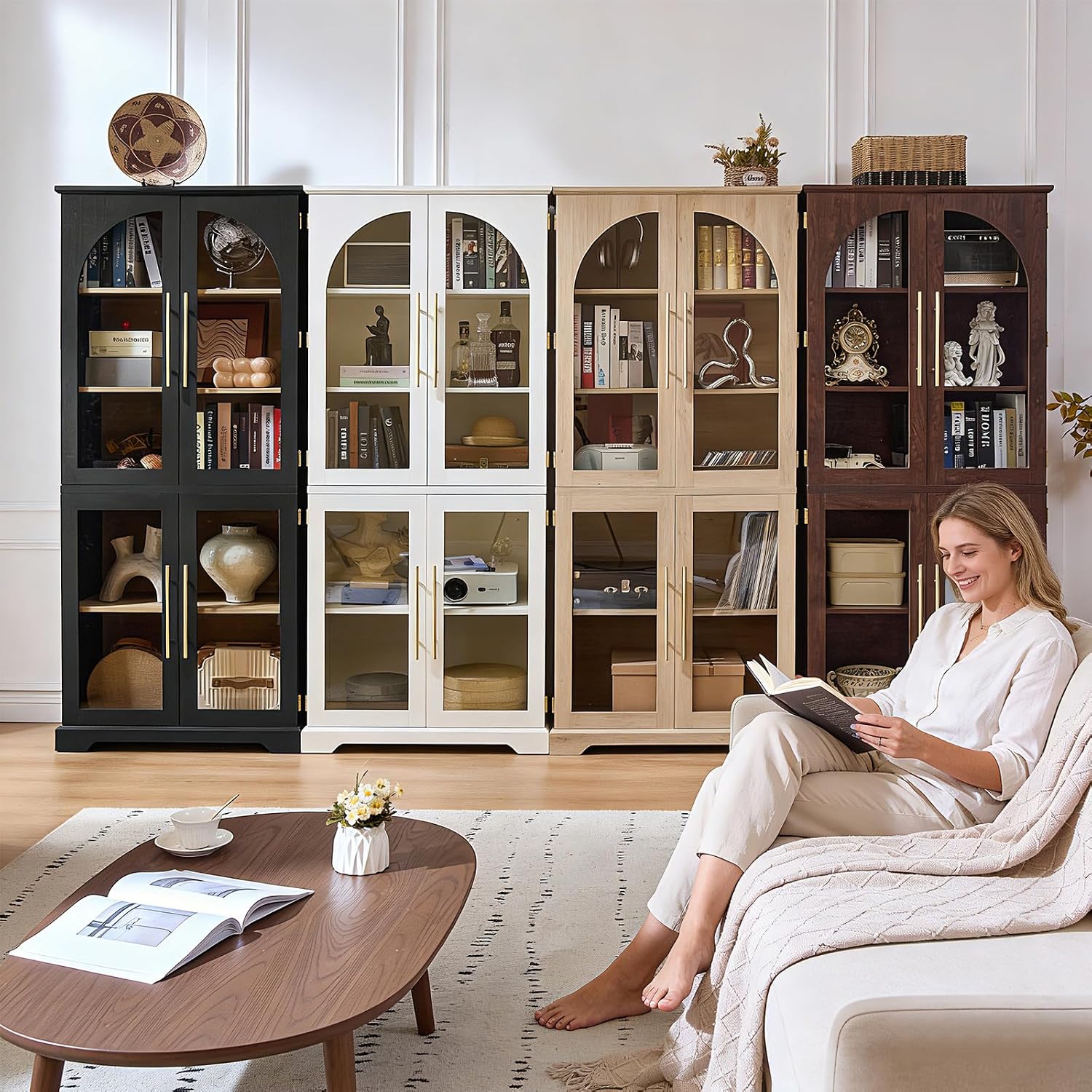Joaxswe 72" Tall Bookshelf with 4 Curved Glass Doors, Farmhouse Bookcase with 3-Tier Adjustable Shelves, Modern Living Room Display Cabinet, Large Storage Cabinet for Home Office,Dining Room, Natural