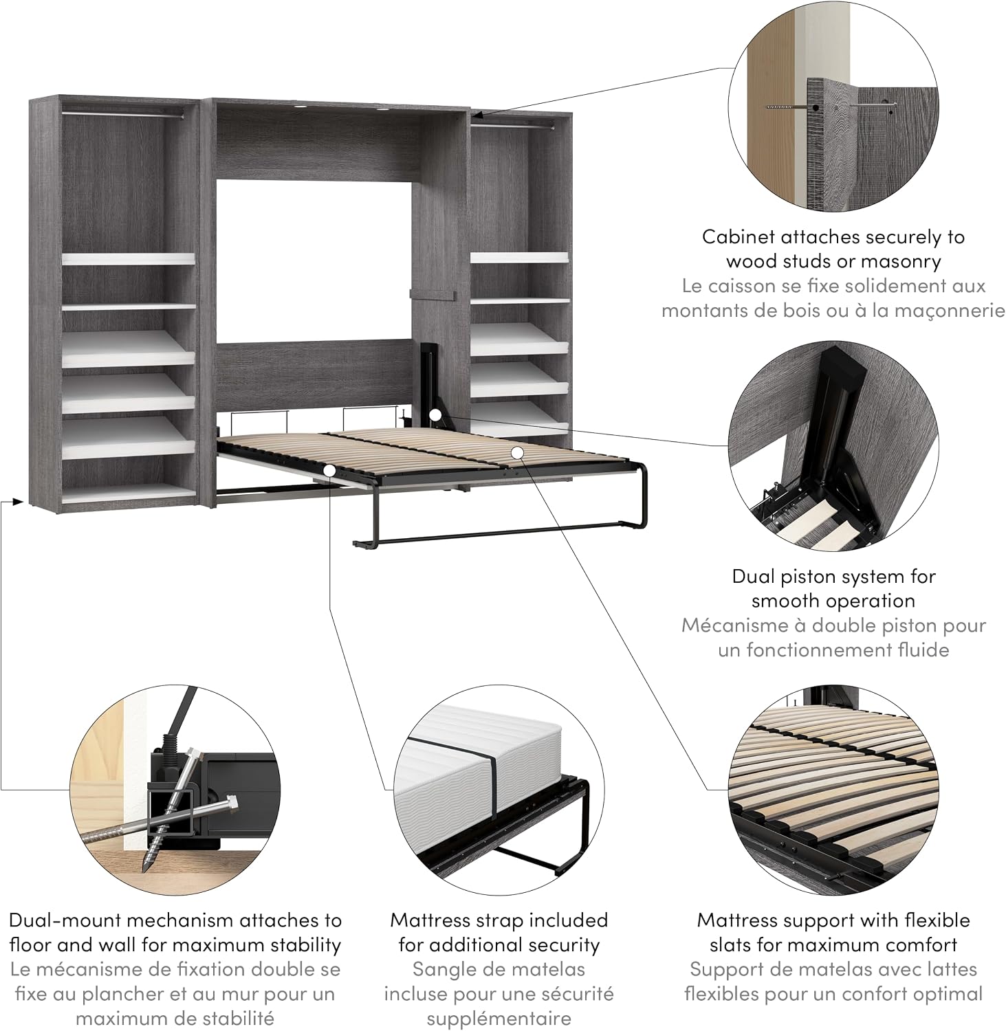 Bestar Cielo Full Murphy Bed with 2 Closet Organizers (119W) in Bark Gray and White, Sleeping Arrangement for Multipurpose Room | 2 Closet Organizers