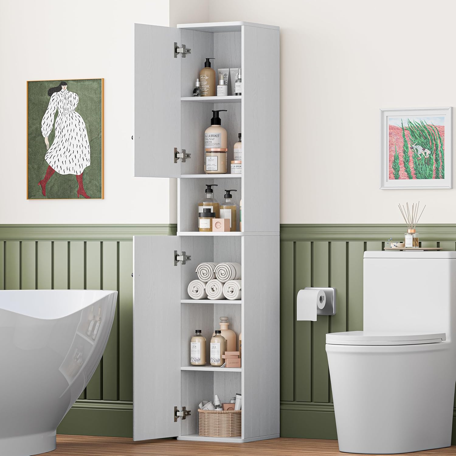 64" Narrow Bathroom Storage Cabinet with Adjustable Shelves and Drawer | 6-Tier Tall Slim Storage Cabinet, Anti-Tip Kit Included