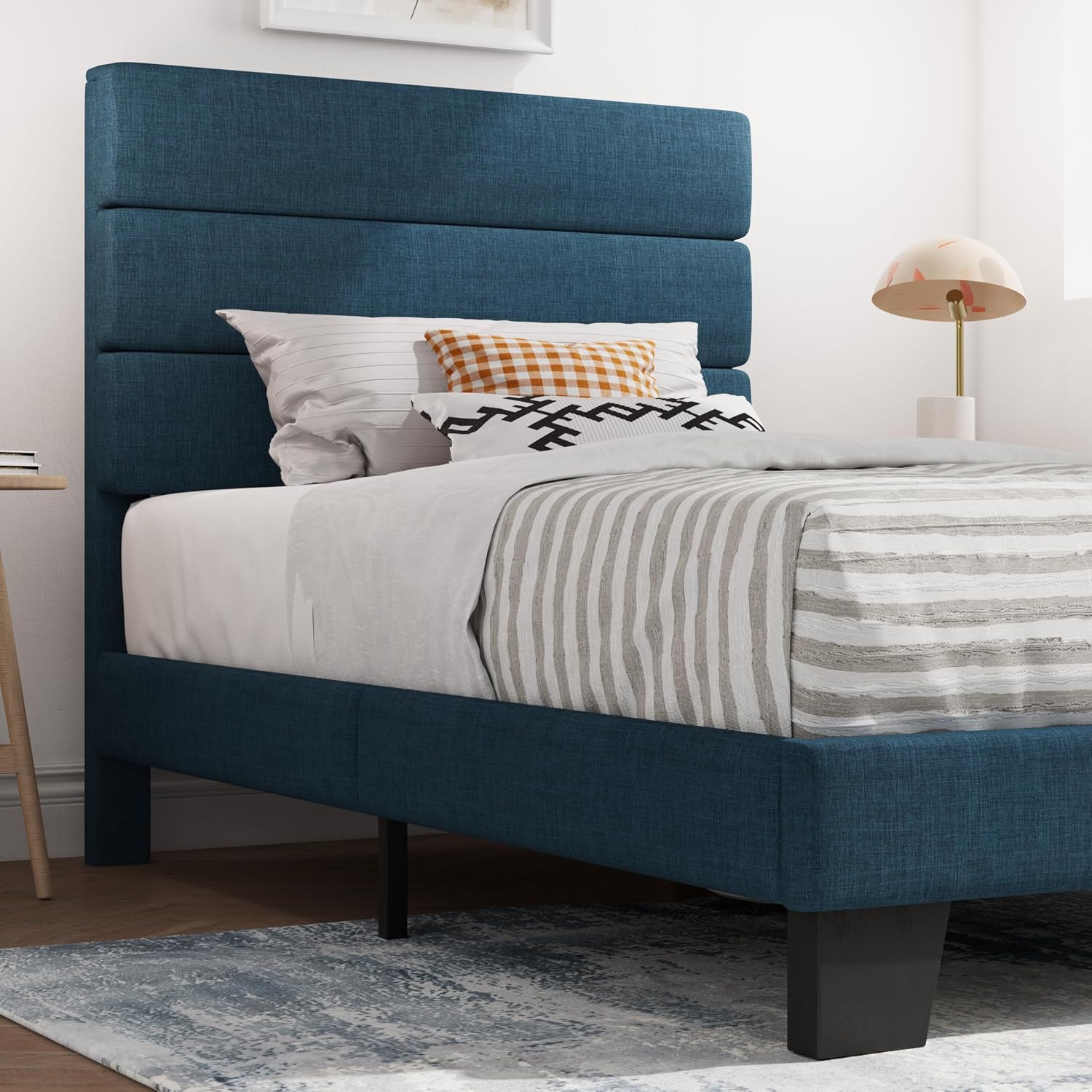 SHA CERLIN Full Platform Bed Frame with Upholstered Fabric Headboard, Grey