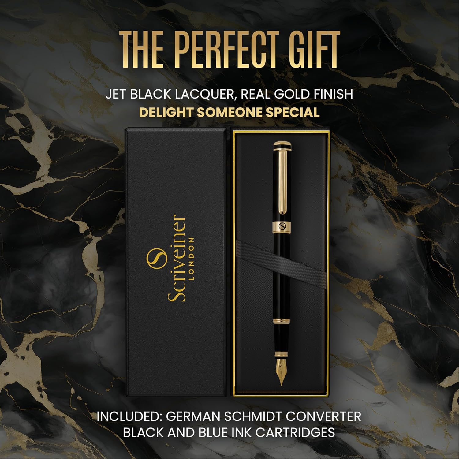 Scriveiner Silver Chrome Fountain Pen - Stunning Luxury Pen, Real Gold Finish Schmidt Gilded Nib (Medium), Best Pen Gift Set for Men & Women