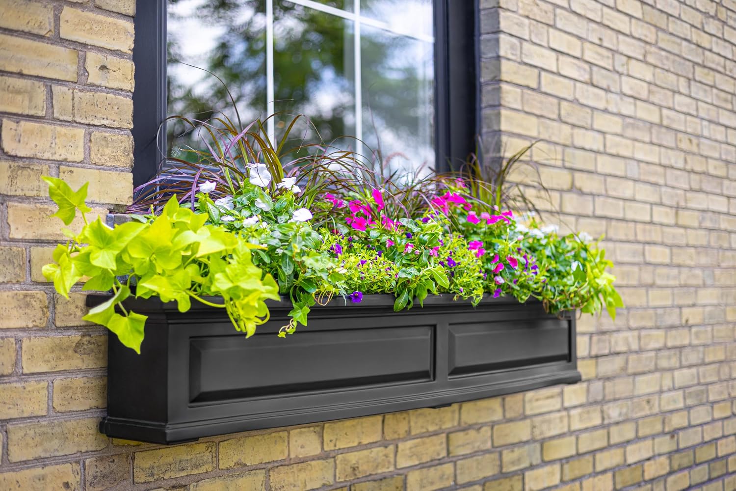 Mayne Nantucket 36in Self-Watering Rectangular Window Box Planter, White | Self-watering, All season, Fade resistant, Mounting brackets included, Built-in overflow, 15-year warranty