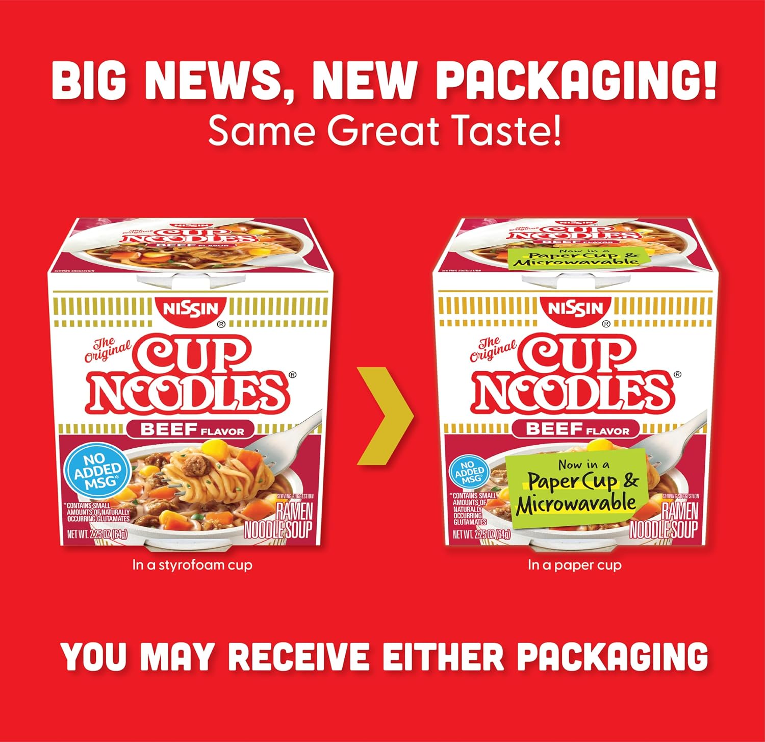 Nissin Cup Noodles Soup, Beef Flavor, Microwaveable Paper Cups, Instant Ramen, 2.25 Ounce (Pack of 12) | Instant Ramen Noodle Soup
