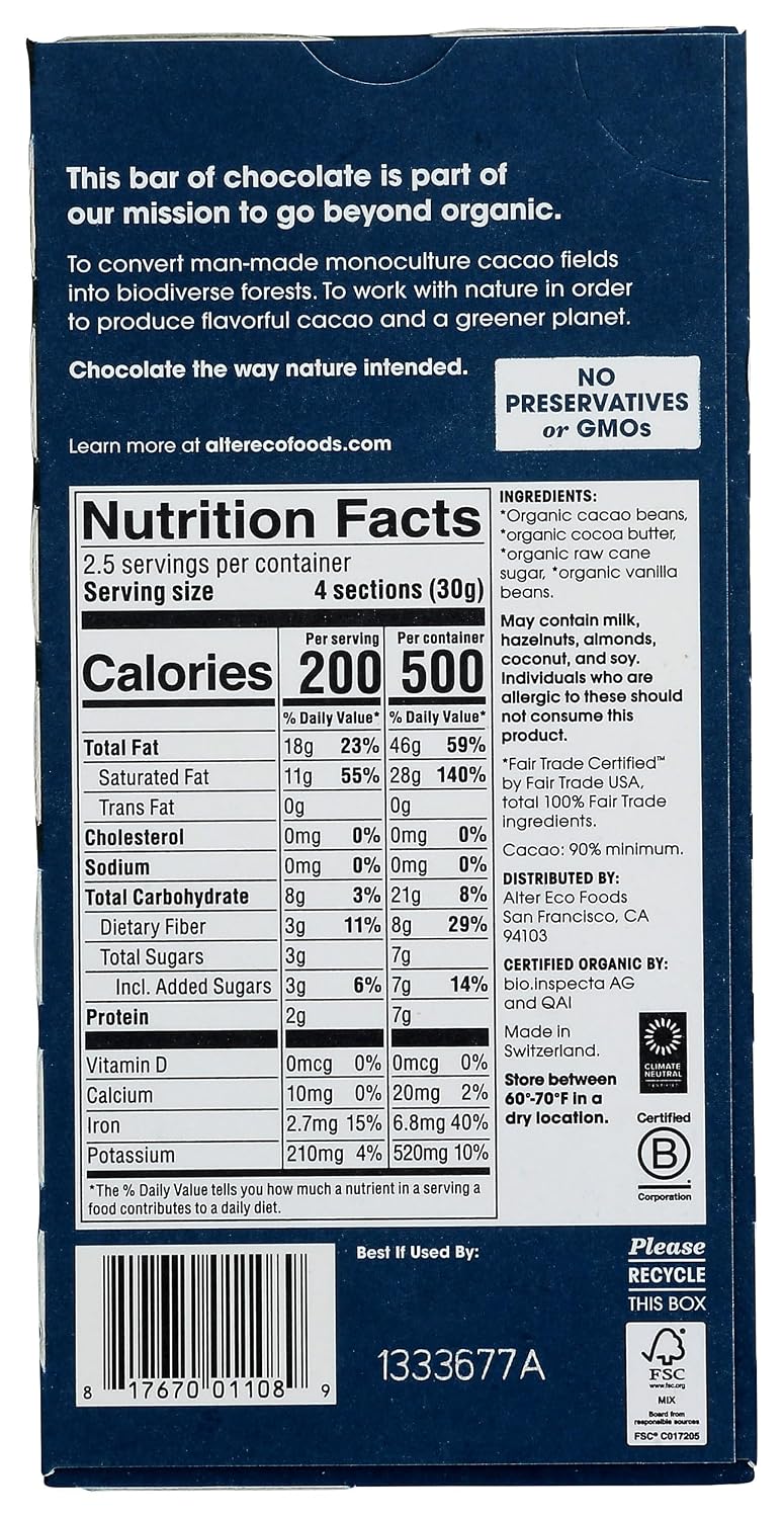 Alter Eco, Bar Chocolate Dark Super Blackout Organic, 2.65 Ounce