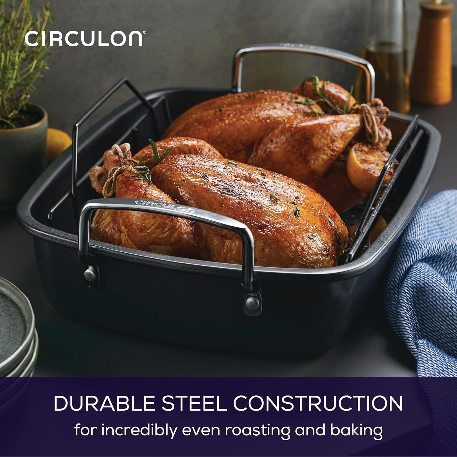 Circulon Total Bakeware Nonstick Roaster, Roasting Pan with Rack, 17-Inch x 13-Inch, Gray