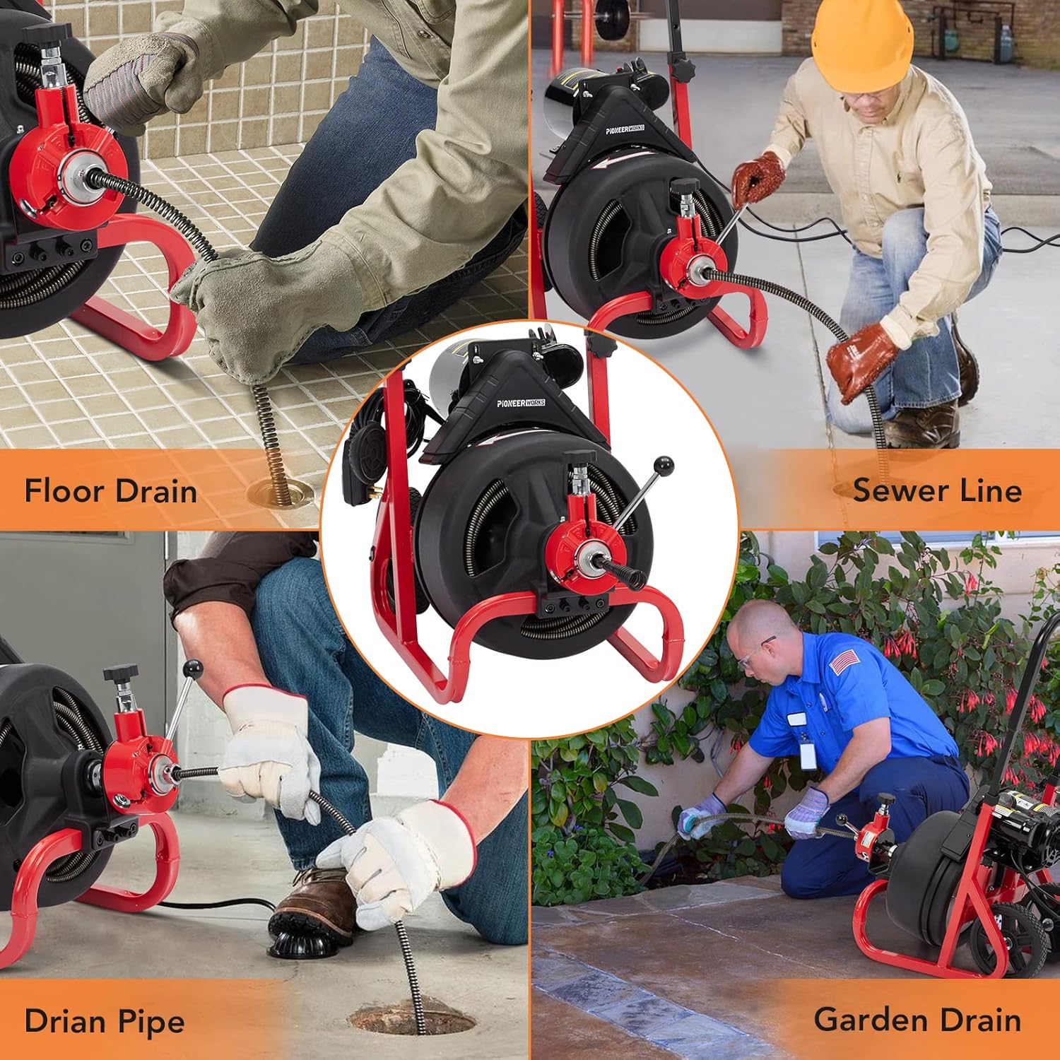 PioneerWorks Electric Drain Snake, 75Ft 1/2 Inch Auto-Feed Electric Drain Auger, Sewer Snake Machine with 6 Cutters & Glove for 2-4 Inch Pipes