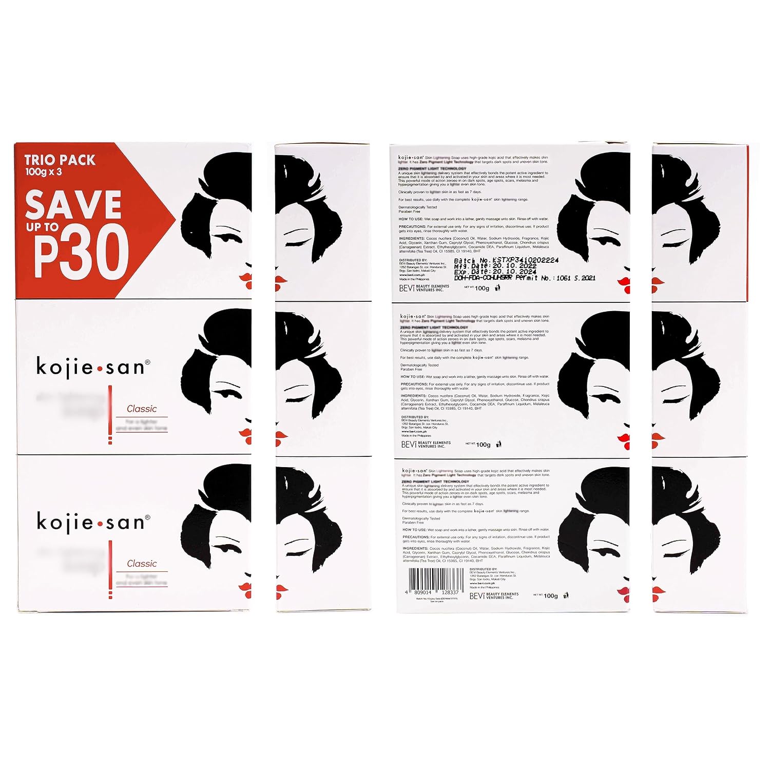 Kojie San Skin and Body Brightening Soap - Original Kojic Acid, Dark Spot Remover Bar Soap with Glycerin & Tea Tree Oil - 65g x 2 Bars