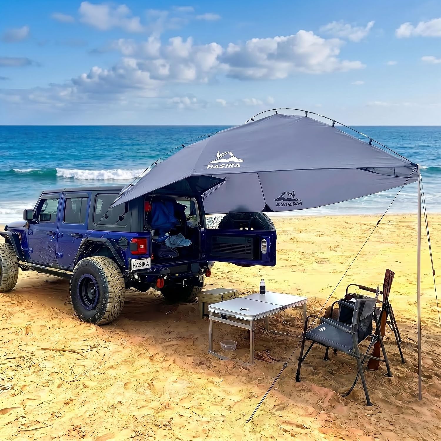 Hasika Waterproof SUV Tailgate Tent and Car Awning | Universal fit for SUVs Vans RV Trailer. Features heavy-duty suction cups, adjustable poles