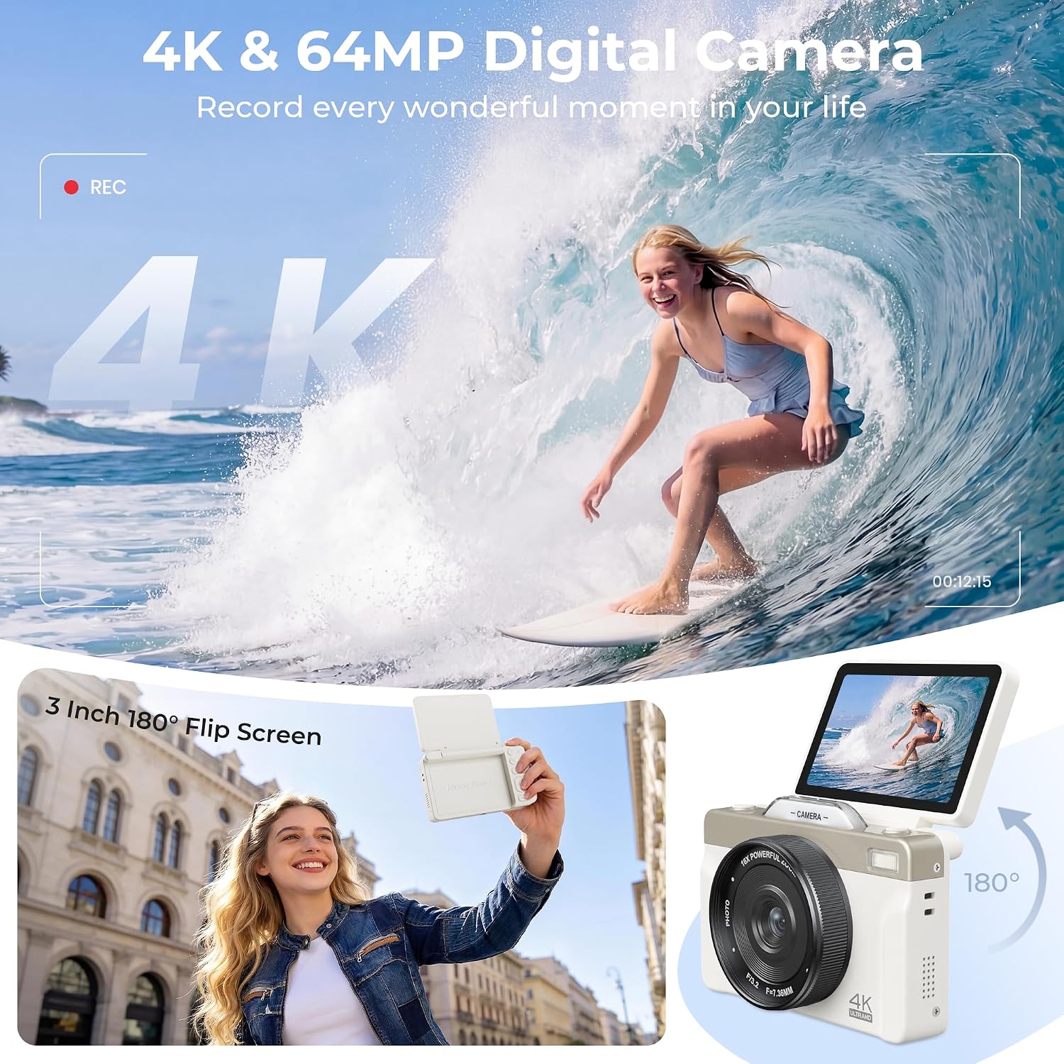 4K Digital Camera for Photography, 2026 Latest 64MP Autofocus WiFi Vlogging Camera for YouTube