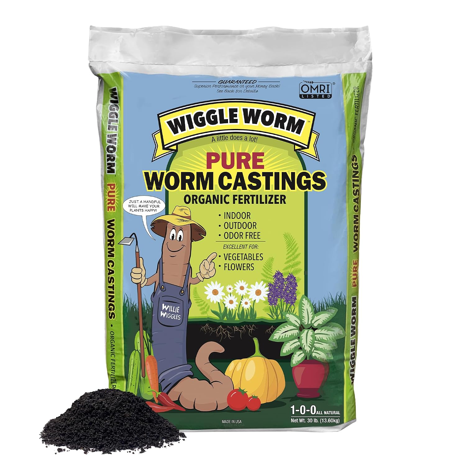 Wiggle Worm 100% Pure Organic Worm Casting Fertilizer, 30lb | Mineral-Dense Formula Improves Soil Fertility, Aeration & Healthy Root Growth for Houseplants & Vegetables