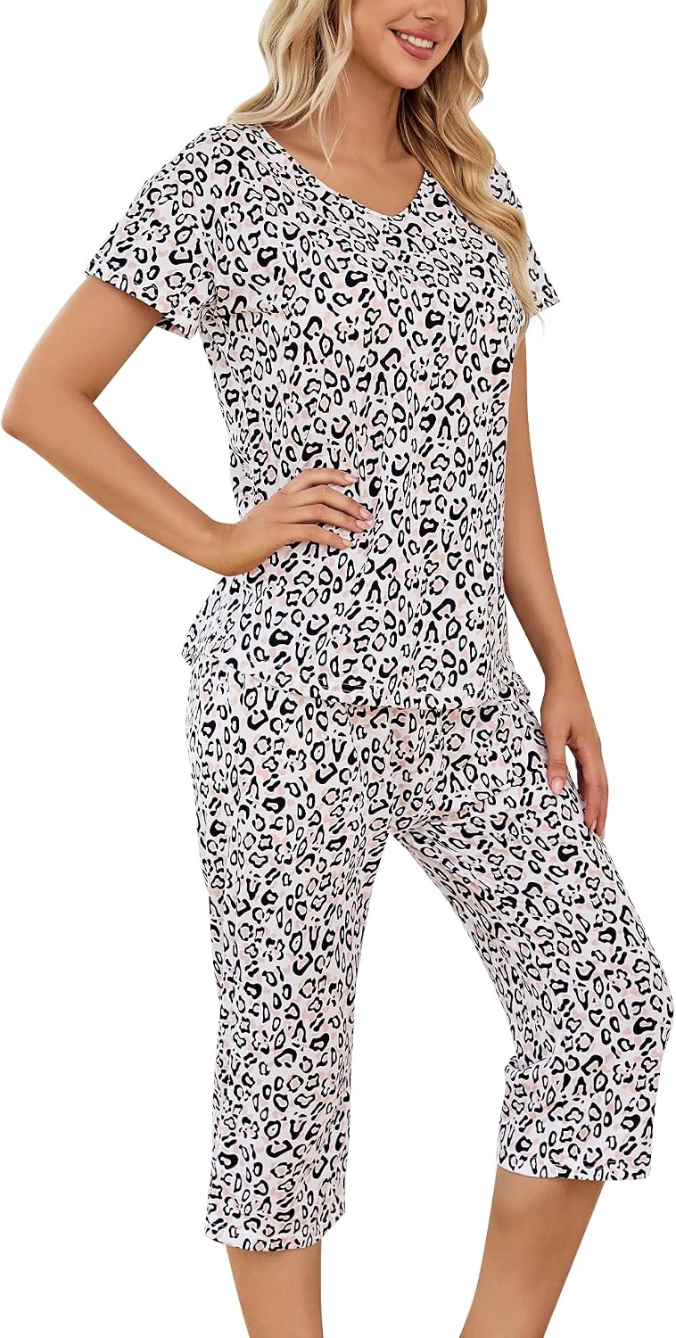 ENJOYNIGHT Womens Pajama Set Cotton Summer Pj Top with Capri Pant Sleepwear