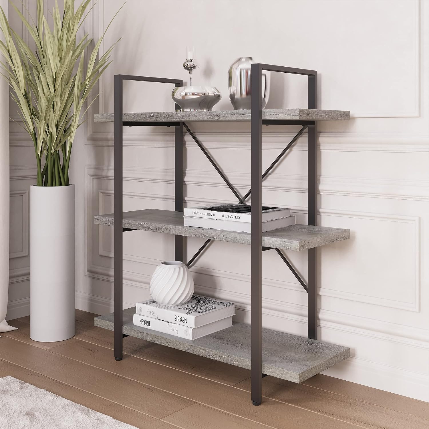 BELLEZE 4 Tier Modern Rustic Industrial Bookshelf, Open Wide Office Etagere Book Shelf
