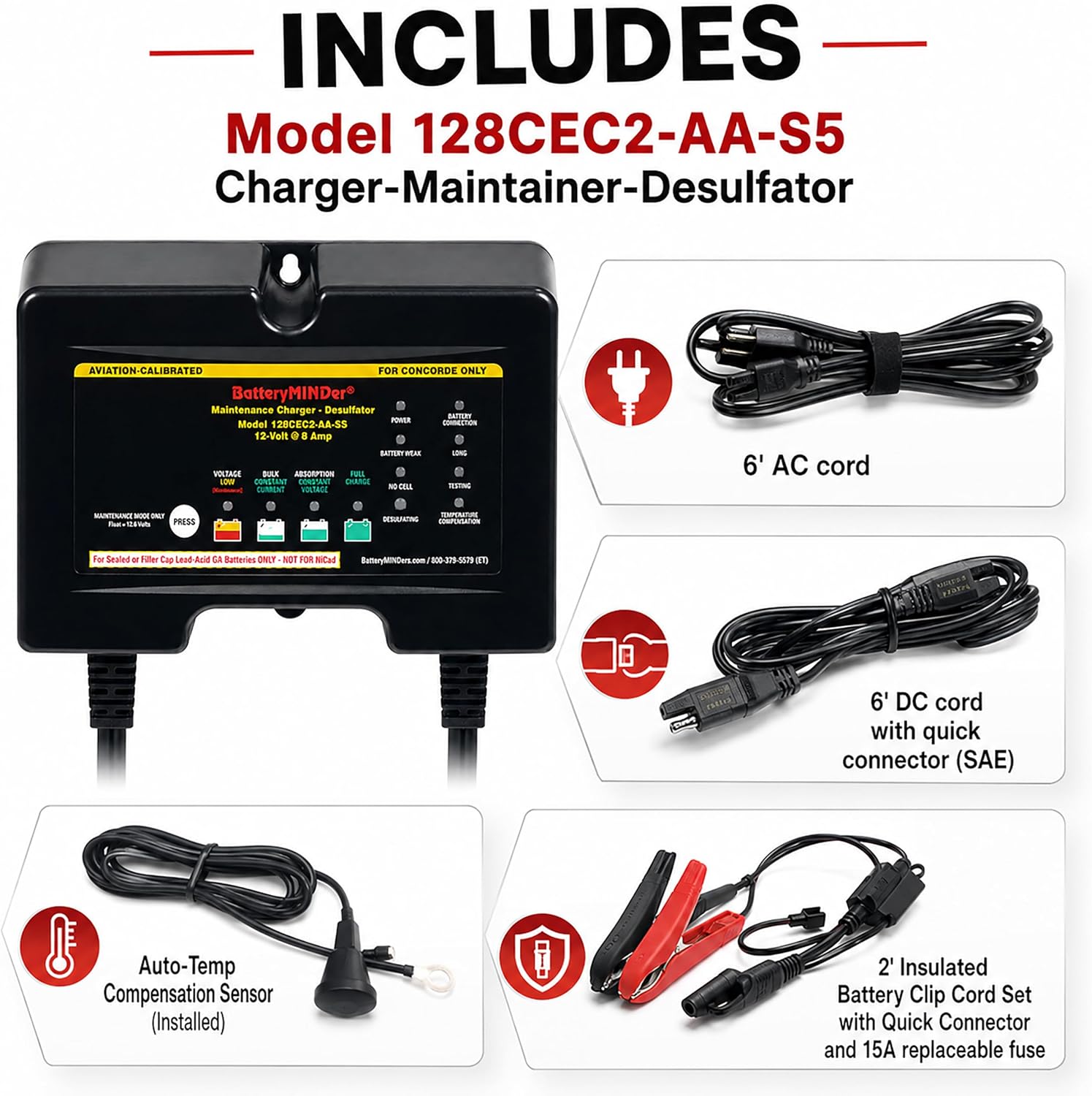 128CEC2-AA-S5 12V 8A Aviation Battery Charger | Calibrated for Concorde Batteries | Aircraft Battery Maintainer & Desulfator