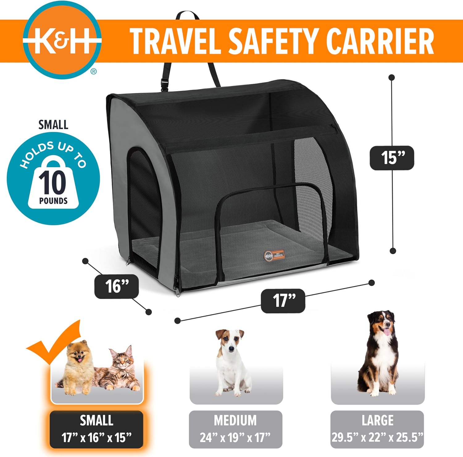 K&H Dog Car Seat, Travel Safety Carrier for Pets, Medium, Gray/Black | Enclosed Car Seat for Dogs, Soft-Sided Covered Pet Carrier, Washable Pad, Multiple Entrances, Mesh Windows, 24x19x17in