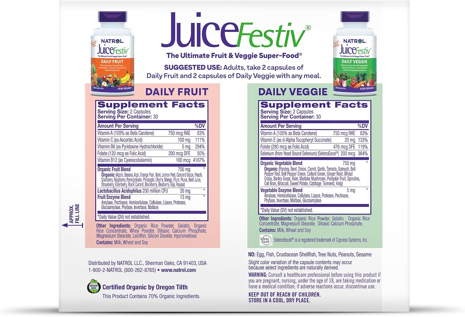 Natrol JuiceFestiv Vitamins and Supplements, 60 Capsules (2-Count) | For Nutrition & Well-being, Antioxidants for Cellular Health, Daily Fruit & Veggie Capsules, 120 Capsules, 30 Day Supply