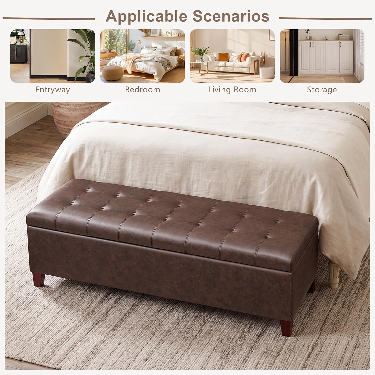 51 Inch Storage Bench,Leather Tufted Storage Ottoman with Legs | Safety Hinges,Wooden Legs,Upholstered,End of Bed,Bedroom,Living Room,Entryway,330LBS,Brown