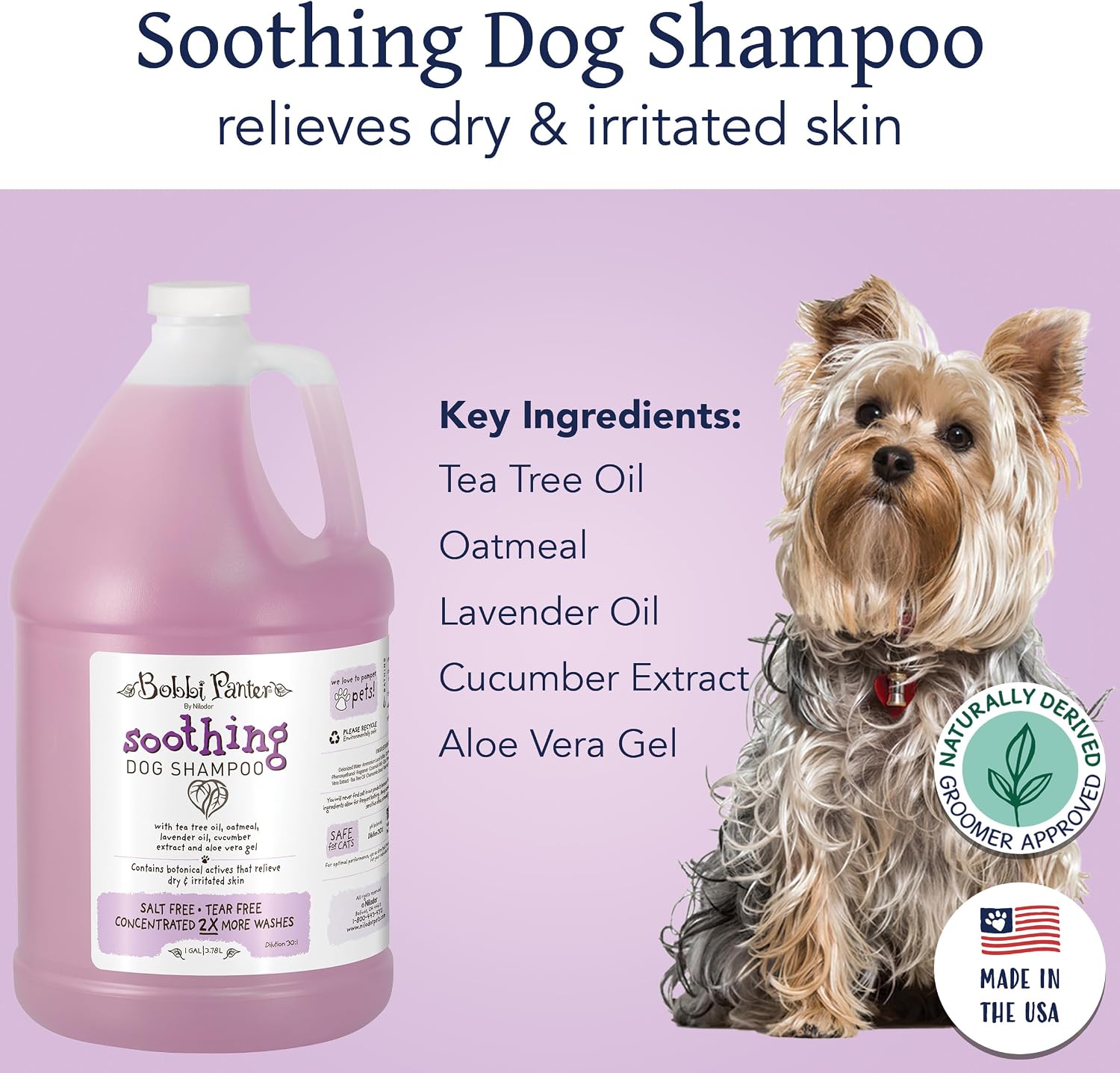 Bobbi Panter Soothing Dog Shampoo Tea Tree, Lavender, Cucumber & Oat Protein – Natural Formula for Sensitive Skin & Irritation Relief, Tear-Free, 30:1 Concentrate, Made in USA, 14 oz