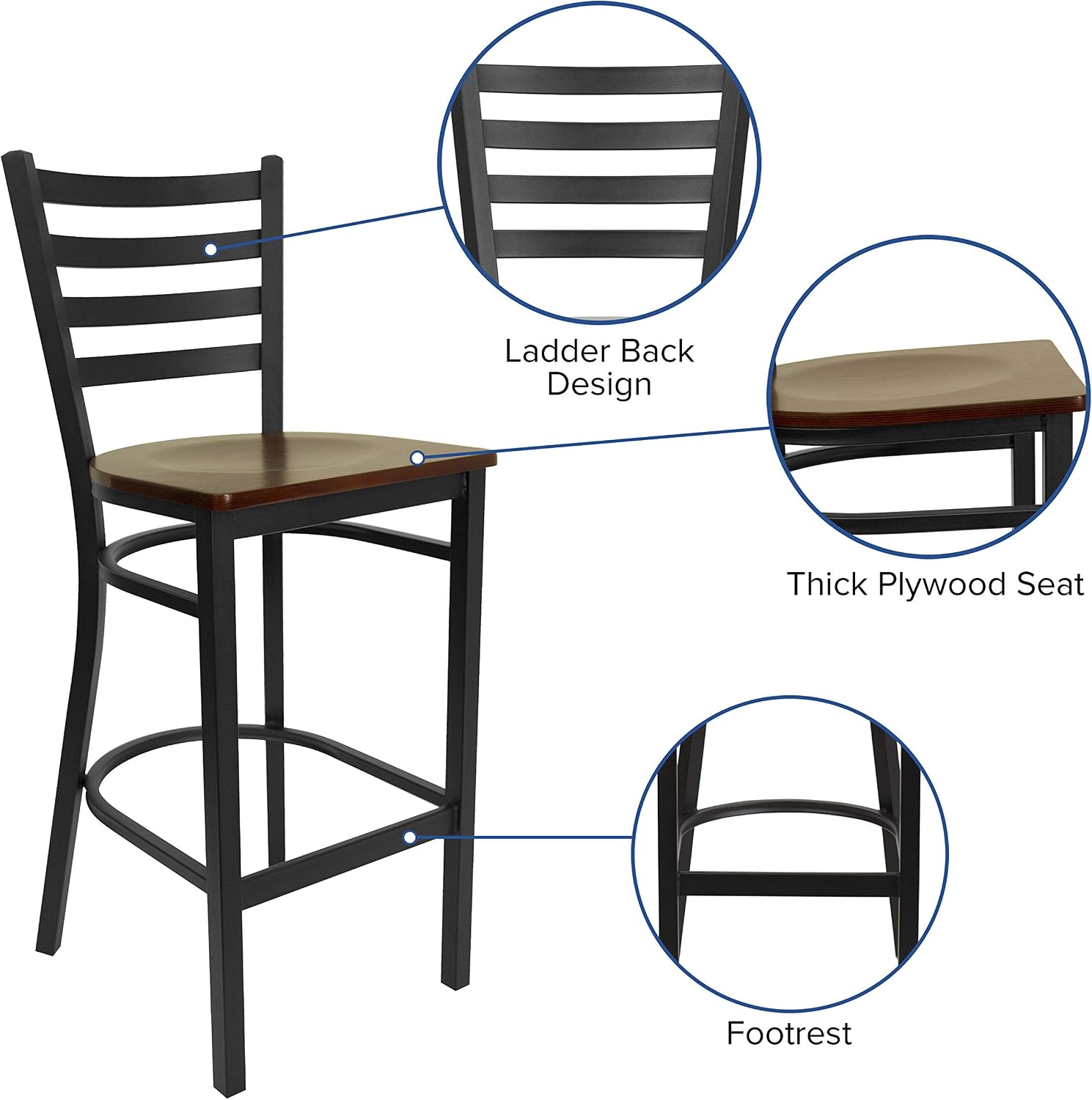 Flash Furniture Hercules Series Ladder Back Metal Restaurant Barstool, Modern Upholstered Armless Bar Height Chair for Restaurants and Kitchens, Black | Vinyl Upholstery, Durable Construction, Commercial Use