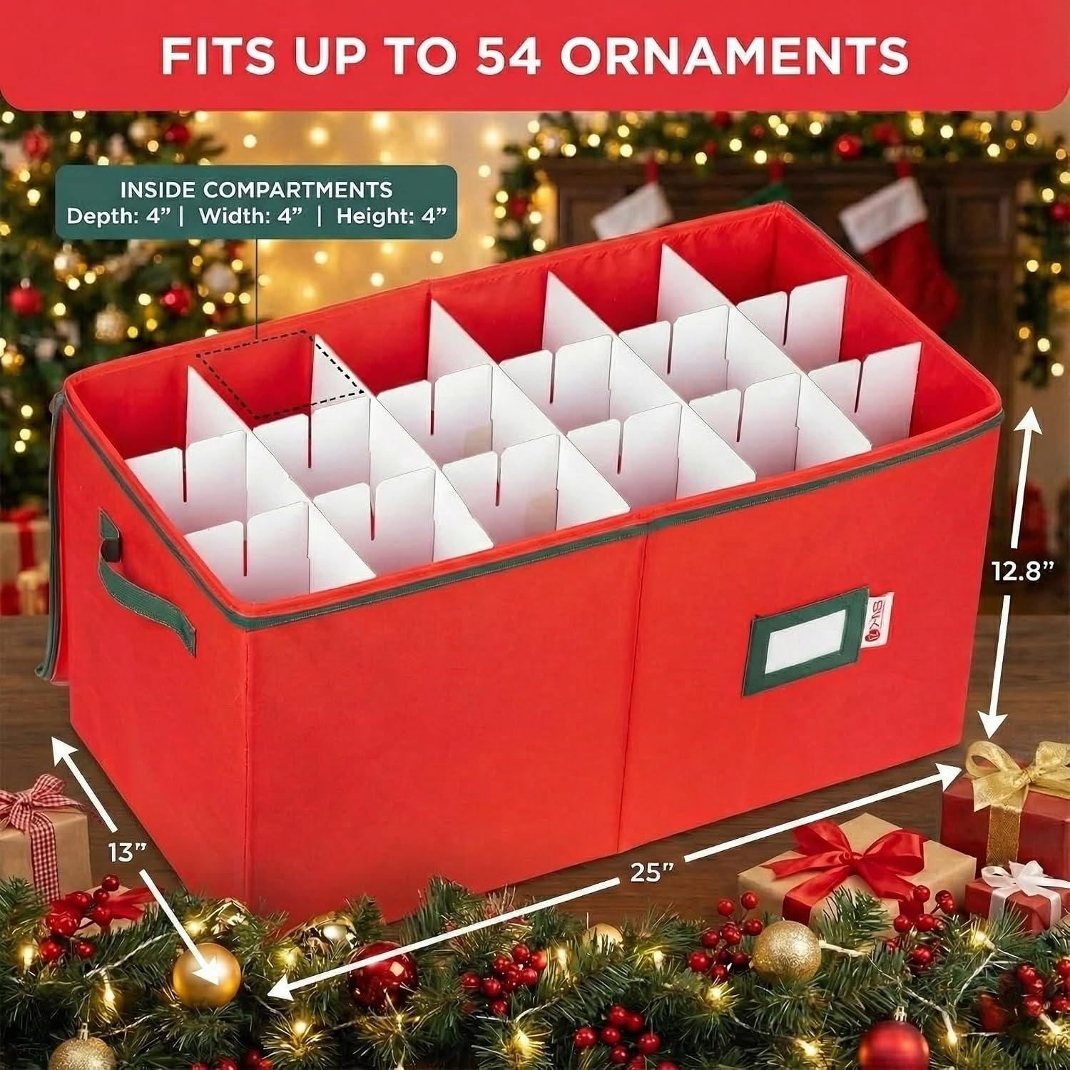 Christmas Ornament Storage Container with Dividers - Box Stores Up to 54 Ornaments, Zippered, Convenient, Adjustable