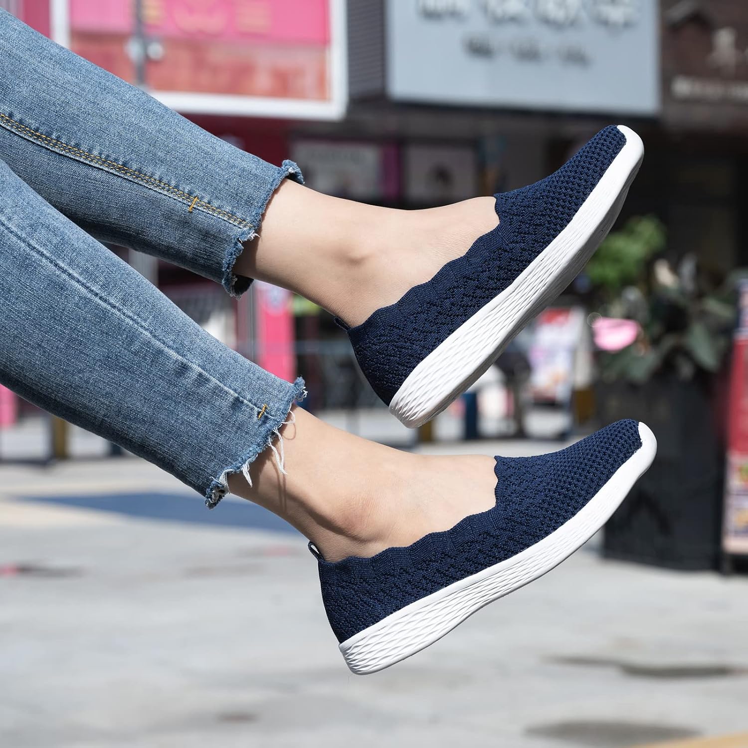 poemlady Women's Walking Shoes Slip On Knit Mesh Loafers Round Toe Flat