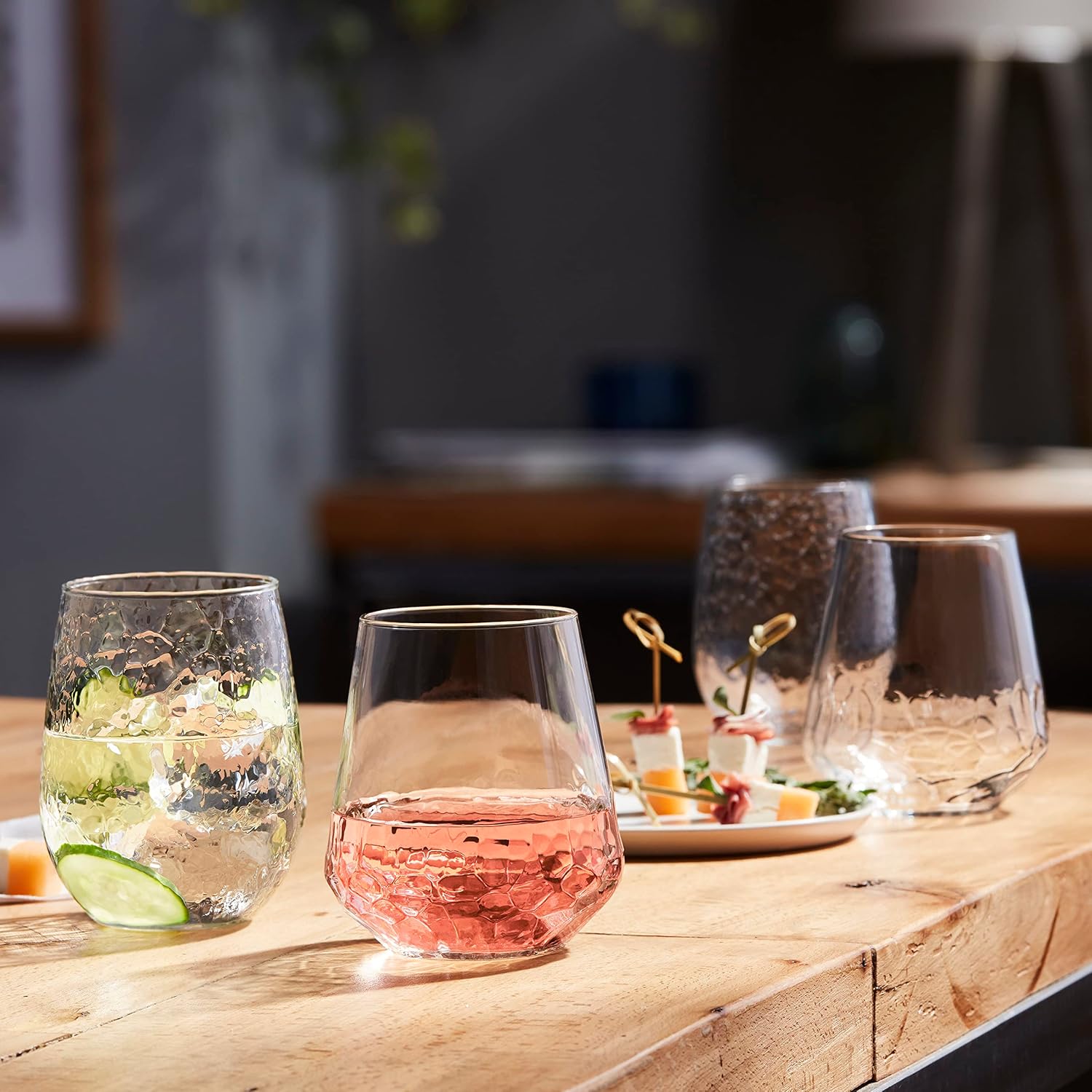 Libbey Classic Blue All-Purpose Stemless Wine Glasses Set 6, Timeless Wine Cups Set of 6, 15.25 Oz, Wine Glass Set for Dinners, Weeknights