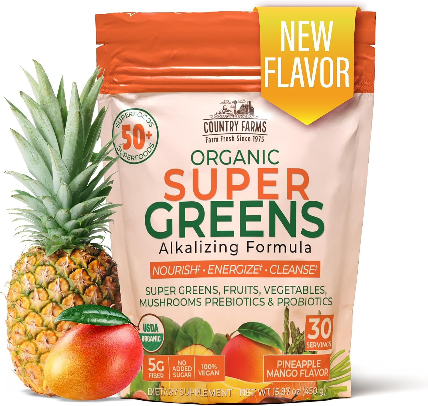 Country Farms Organic Super Greens Powder, Daily Greens Drink Mix with 50 Organic Superfoods, Fruits, Vegetables, Fiber, Mushrooms & Probiotics for Gut Health, Digestion & Energy, Berry Flavor