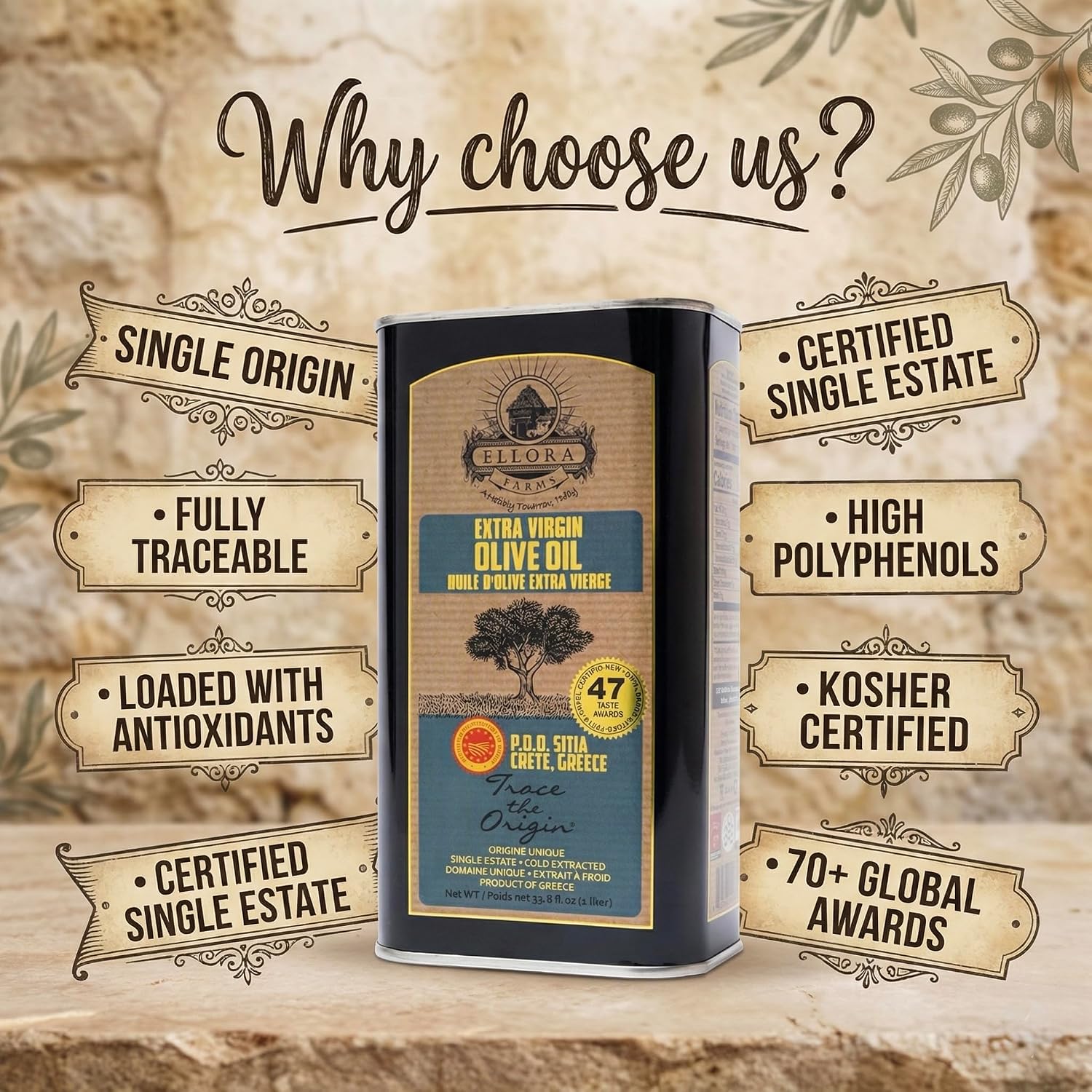 Ellora Farms Olive Oil Extra Virgin, Traceable & Certified PDO Polyphenol Rich Extra Virgin Olive Oil Cold Pressed, Global Gold Awards, Kosher, Single Origin from Crete, Greece 33.8 Fl oz, Pack of 2