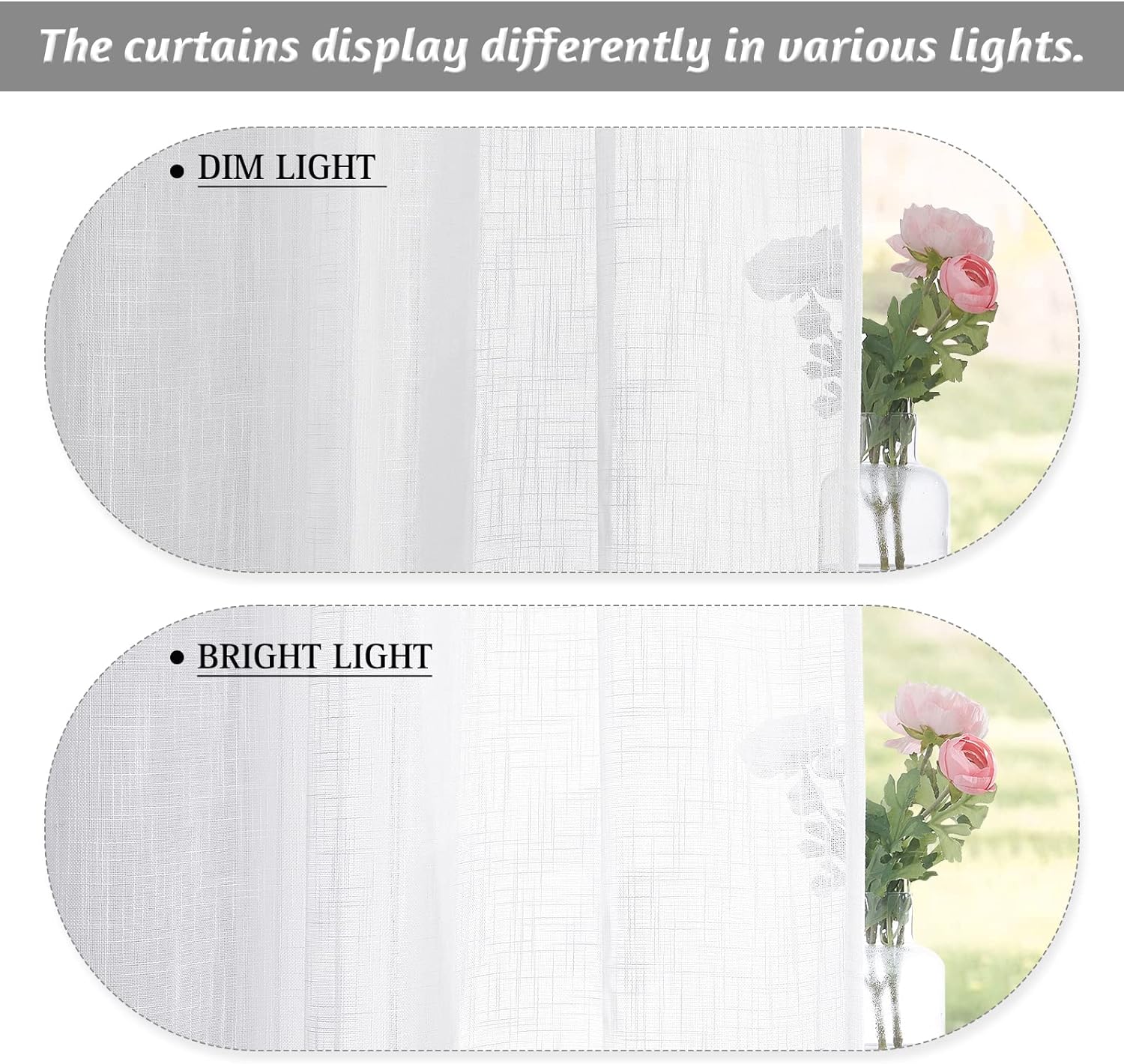 RYB HOME Linen Sheer Curtains - Linen Textured Semi Sheer Curtains for Kids Nursery Bedroom Living Room Window
