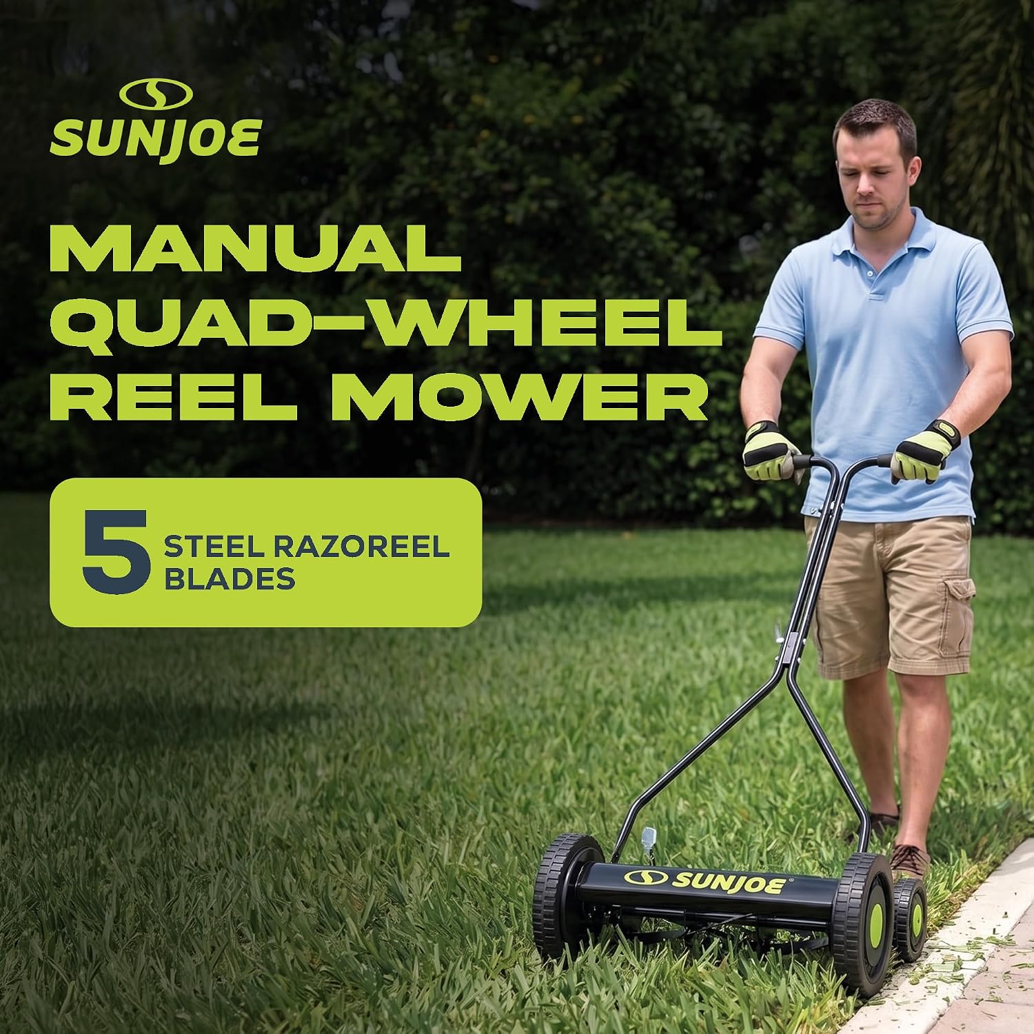 Sun Joe Manual Push Reel Lawn Mower with 6.6-Gal Grass Catcher, 16-Inch Cutting Width - Heavy-Duty Yard Trimmer Machine for Gardening Care and Maintenance, MJ500M
