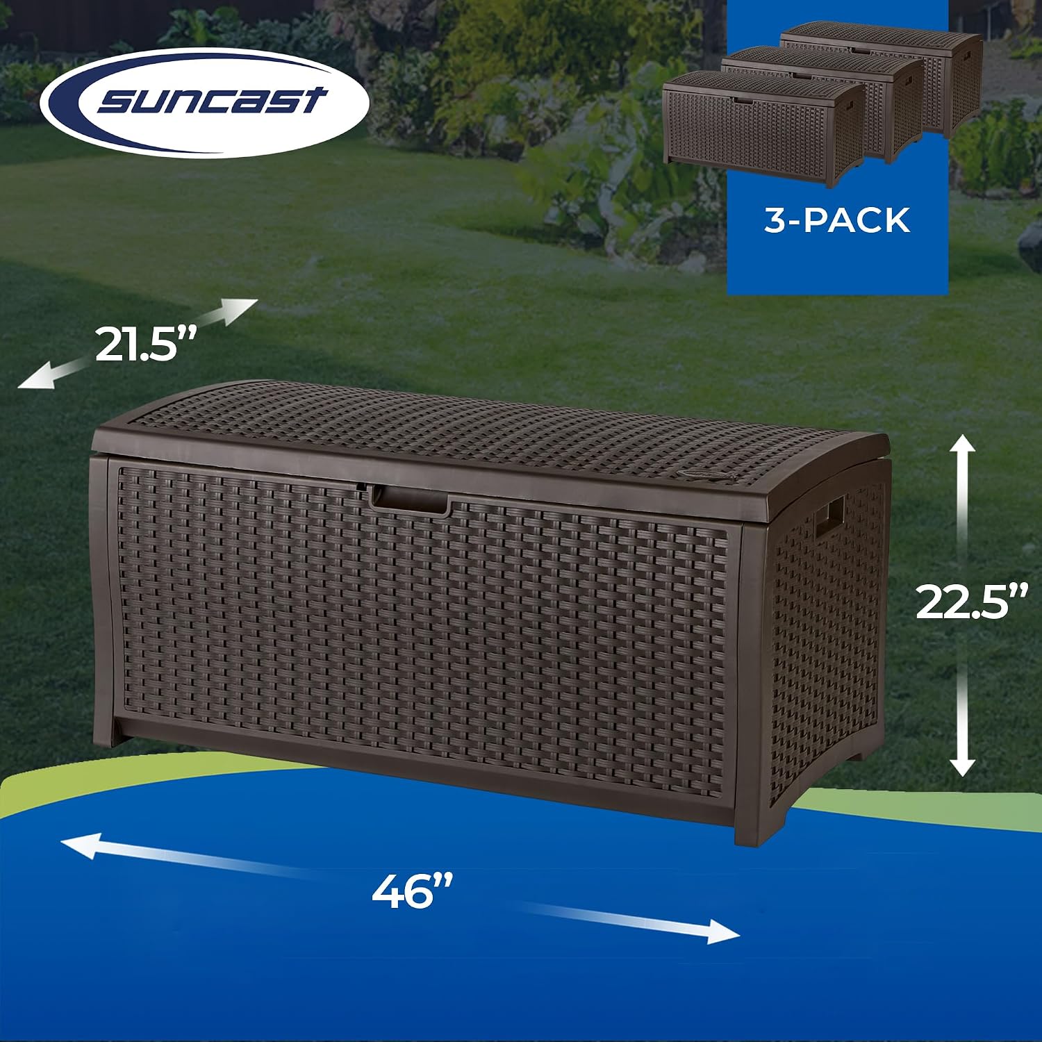 Suncast Outdoor Storage Box - 73 Gallon Mocha Brown Deck Box for Patio, weather-resistant Outdoor Storage Bench, Resin Wicker Style, Heavy-Duty, Lockable Lid for Cushions, Shoes, Pool & Garden Gear