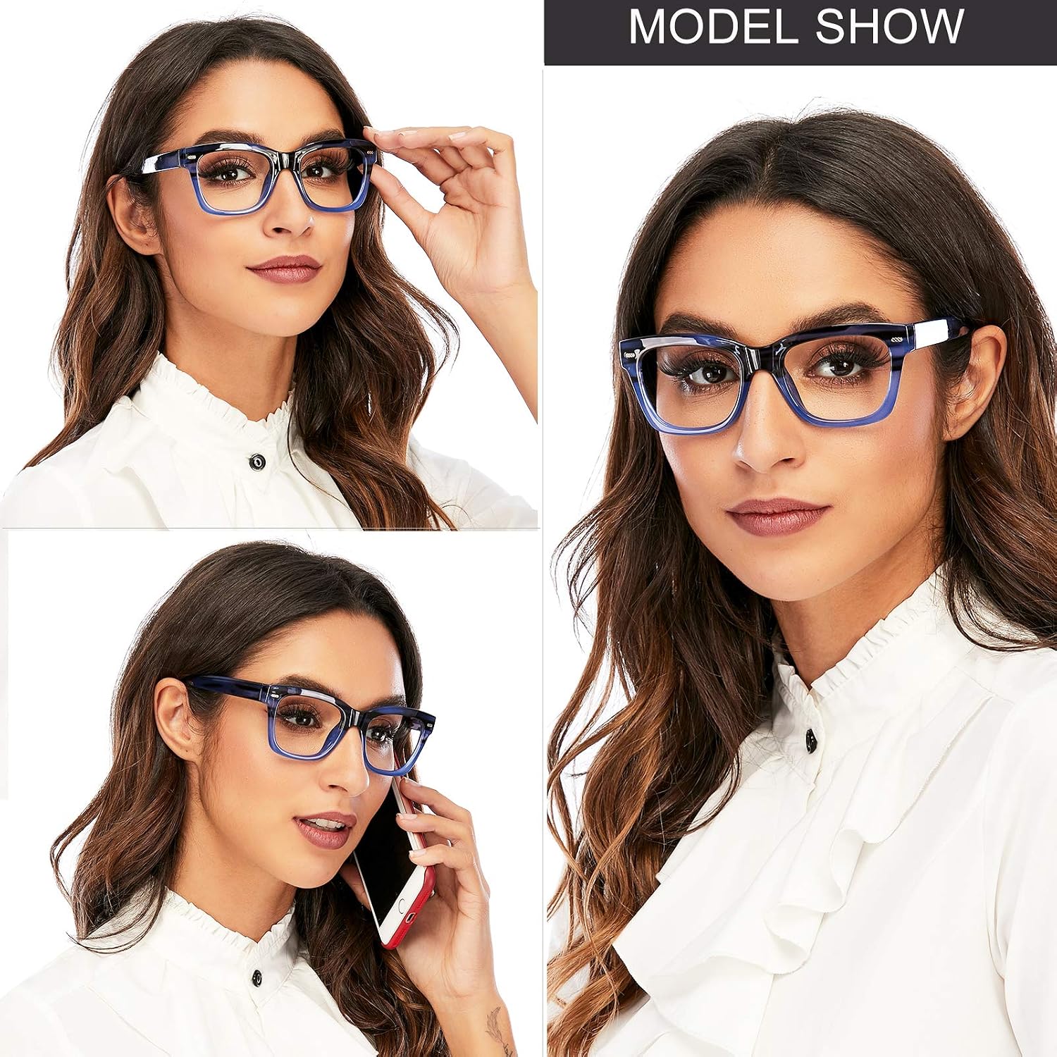 AQWANO Oversized Computer Reading Glasses Blue Light Blocking, 4 Pairs Stylish Fashion Design Anti UV Ray/Eye Strain/Glare Readers Men Women, 1.5