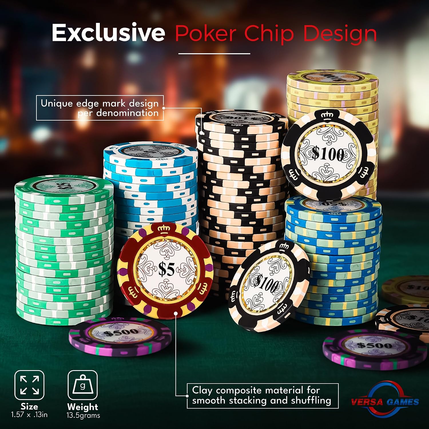 Versa Games Poker Chip Set - Casino Grade 13.5g Poker Chips, 7 Color Chip Denomination - 2 Decks of Cards, Dice