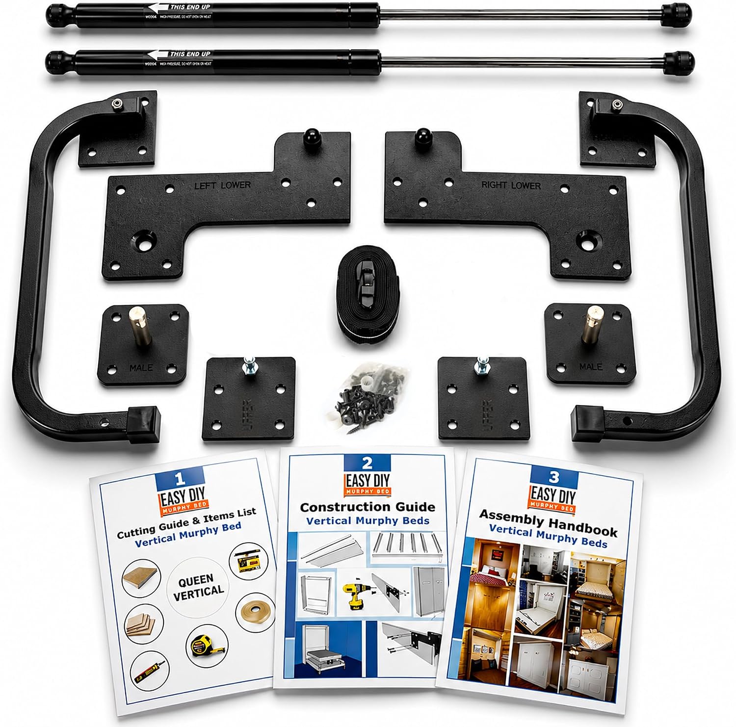Queen Size Murphy Bed Hardware Kit — Vertical Wall Bed Frame | DIY Murphy Bed Kit with Gas Pistons + 3 Step-by-Step Guides | Made in North America | Hideaway Bed Mechanism
