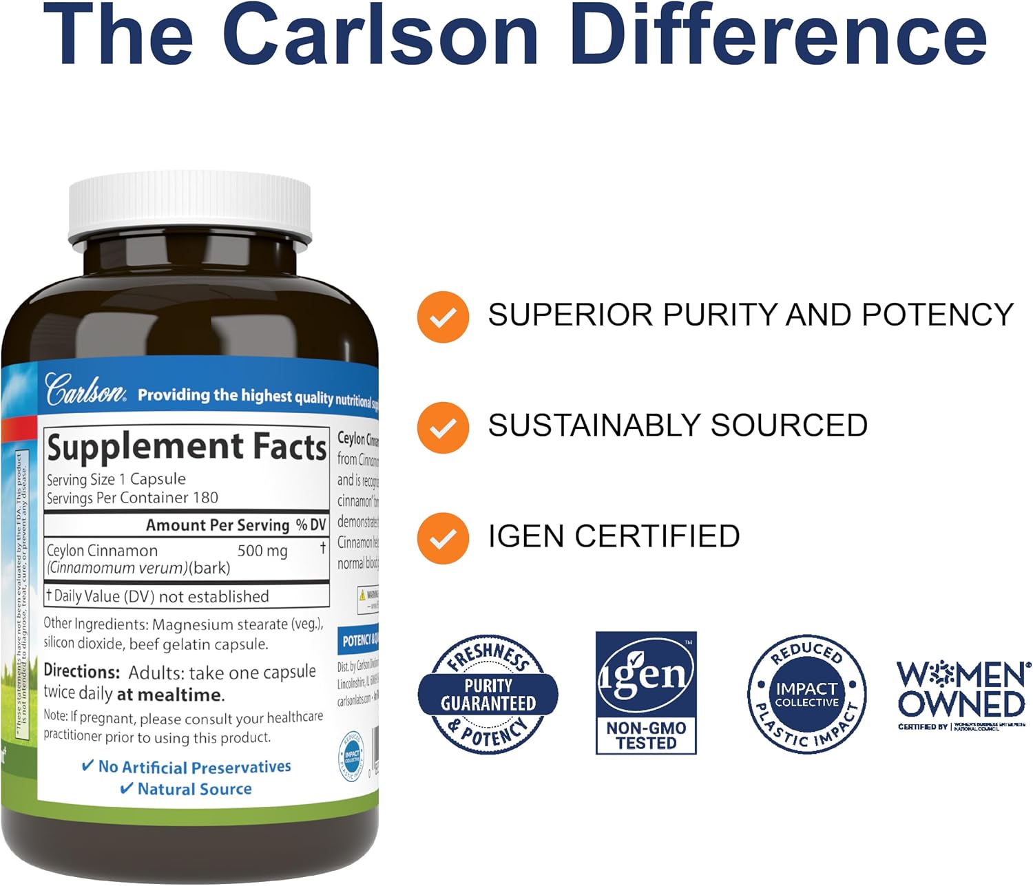 Carlson Ceylon Cinnamon, Cinnamon Supplements, 500 mg, 180 Capsules