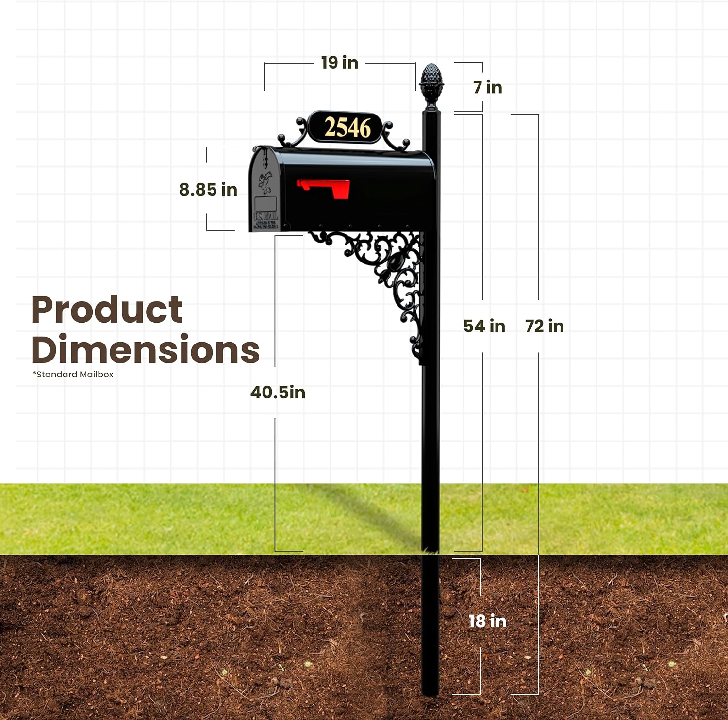 Oak Black Mailbox with Decorative Post Kit | Rust-resistant black metal mailbox includes personalized house numbers, decorative bracket