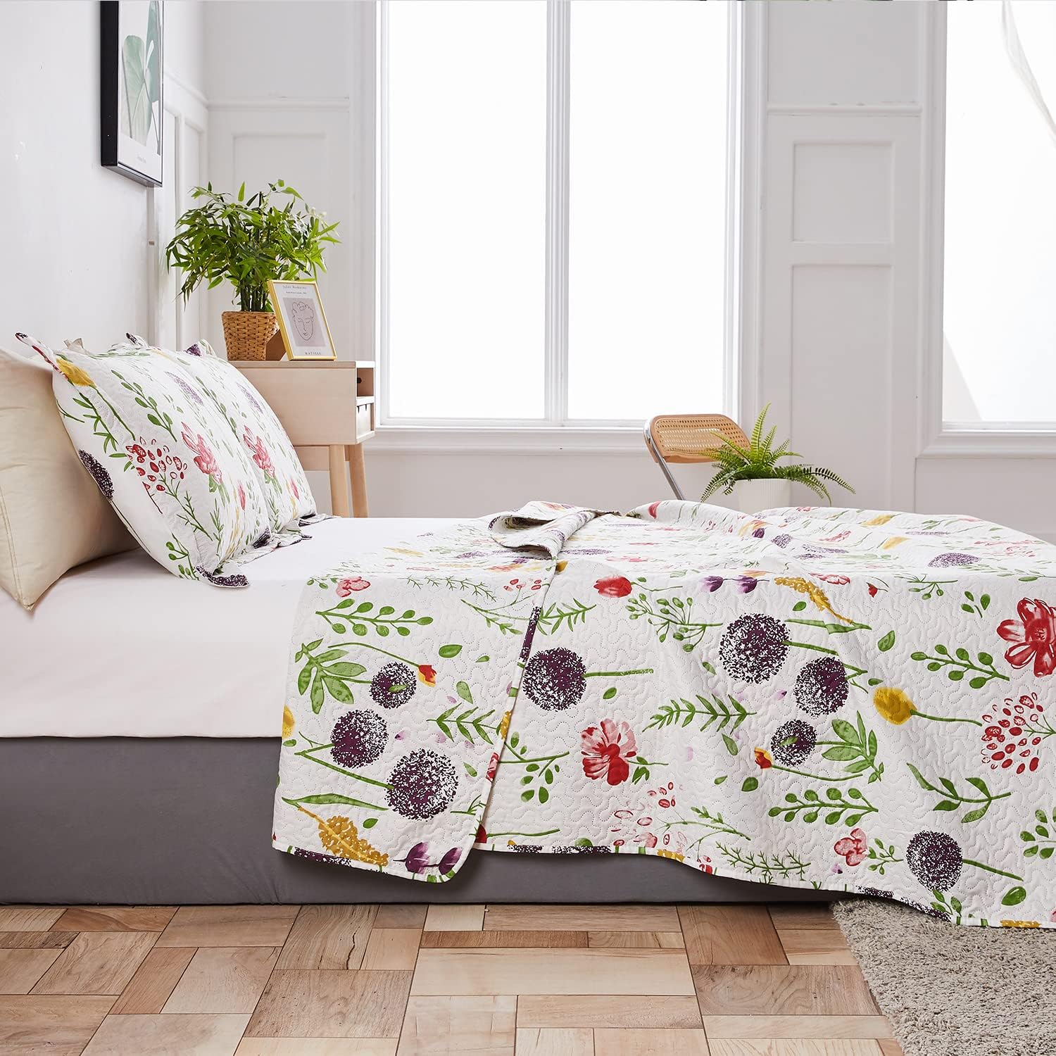 Ycosy Floral Quilt Set Full/Queen Size Reversible Flower Bedspread Queen Summer Lightweight Quilt Bedding Purple Floral Quilts Green Leaves Coverlet