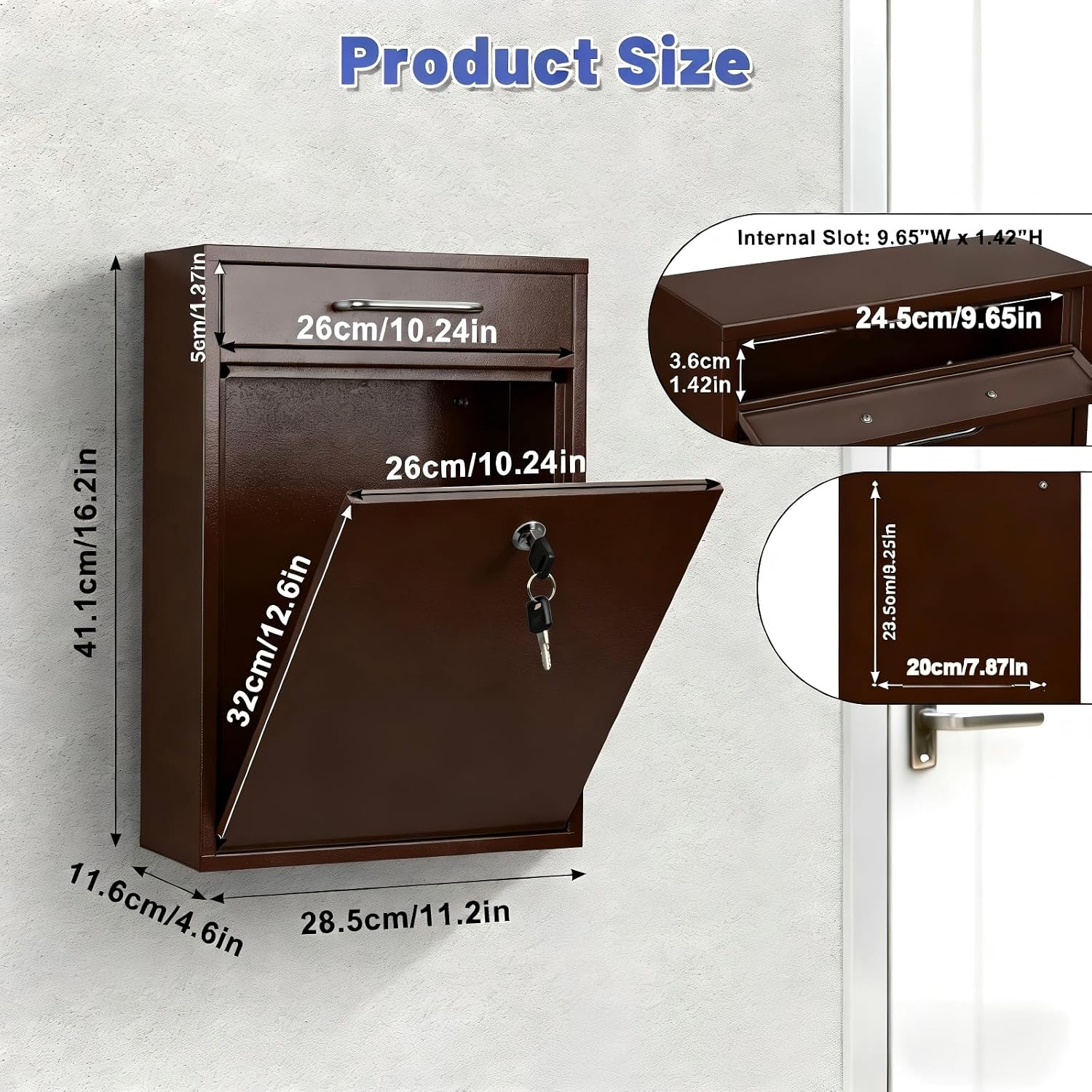 KYODOLED Steel Key Lock Mail Boxes Outdoor, Locking Wall Mount Mailbox, Security Lock Drop Box, Collection Boxes for Home, Office or Commercial,16.2H x 11.2L x 4.6W Inches, Black X Large